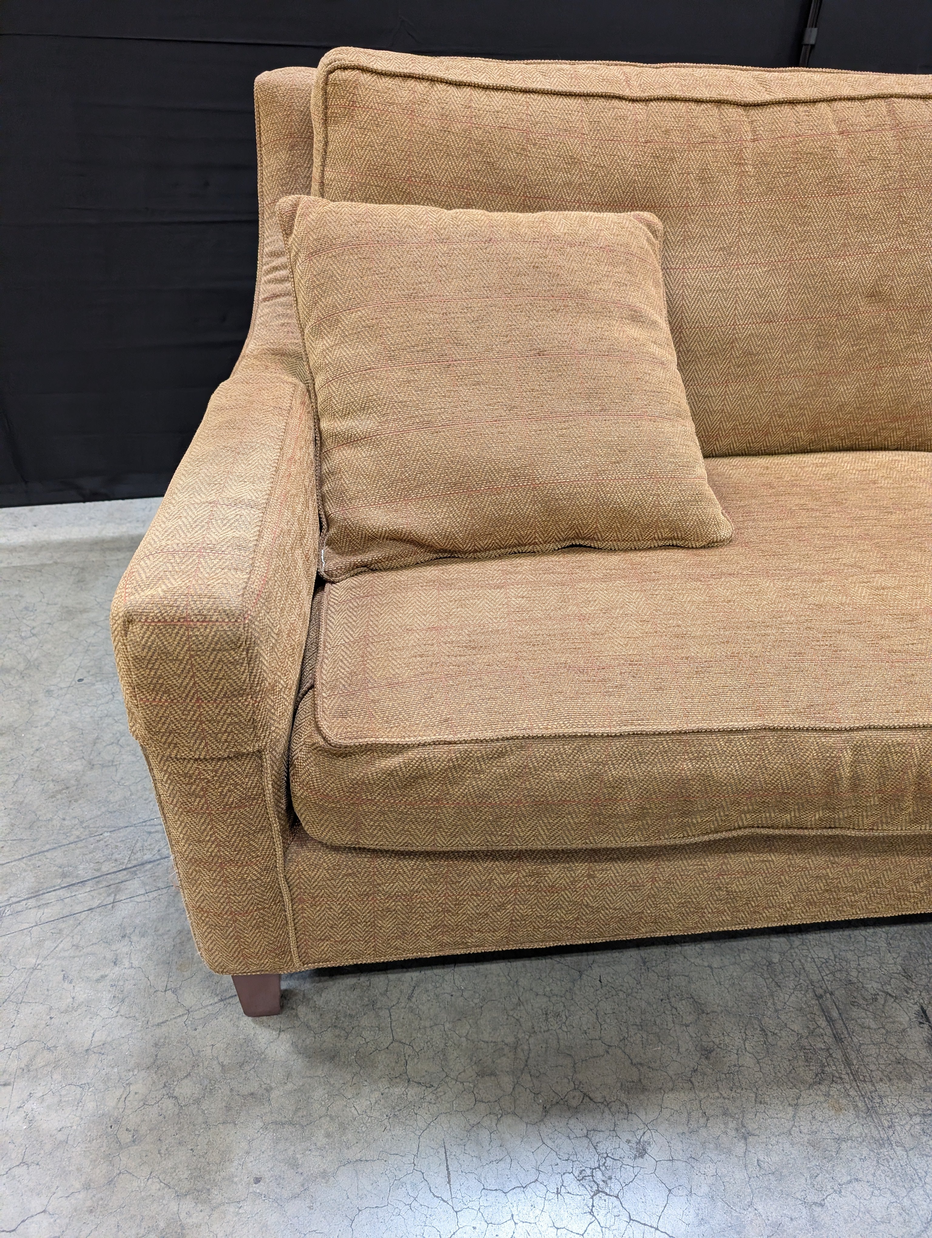 Neutral Tan Herringbone Fabric Two-Seater Sofa with Accent Pillows