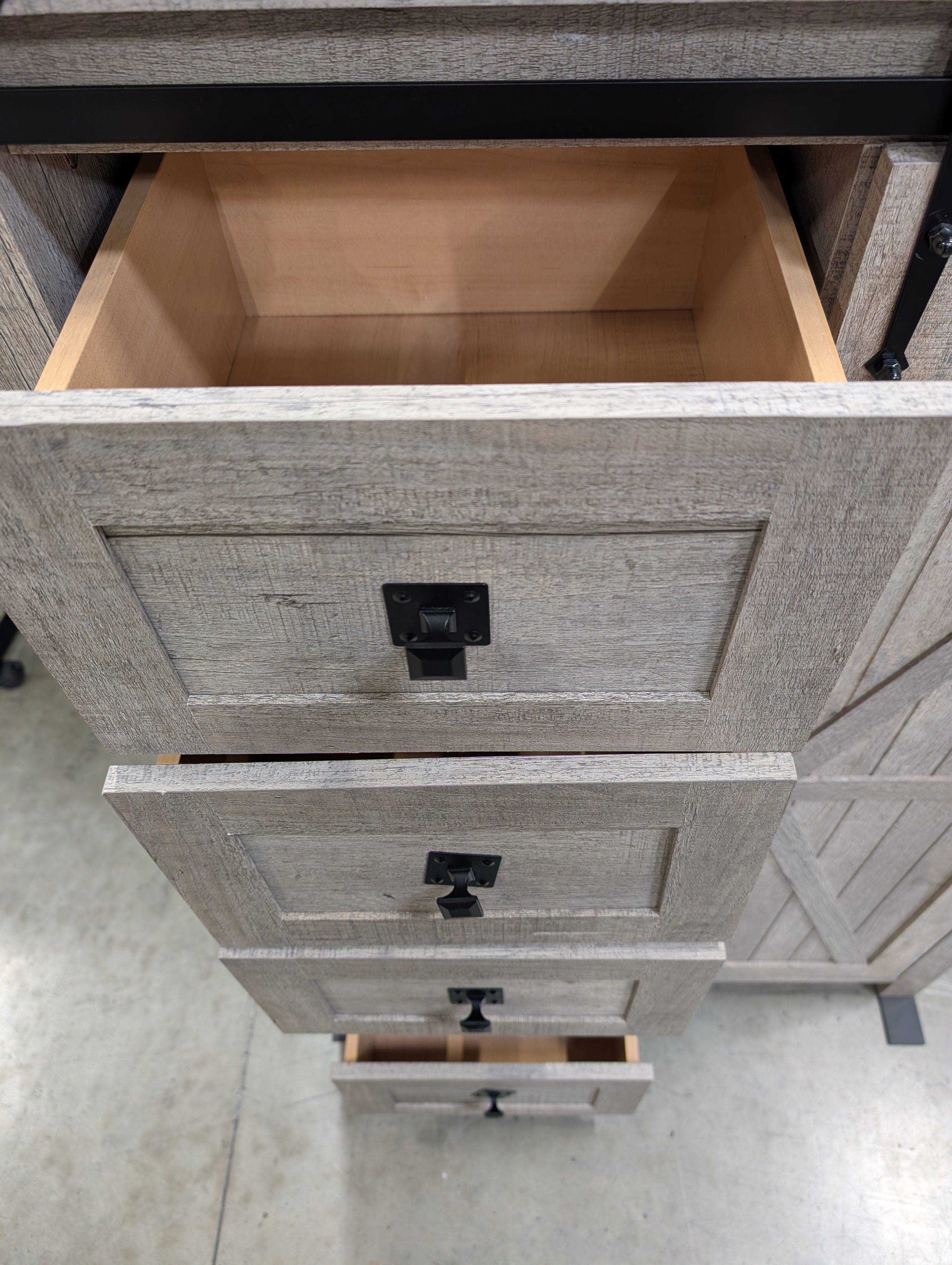 Rustic Light Brown Wood Storage Cabinet | 5 Drawers & Sliding Barn Door