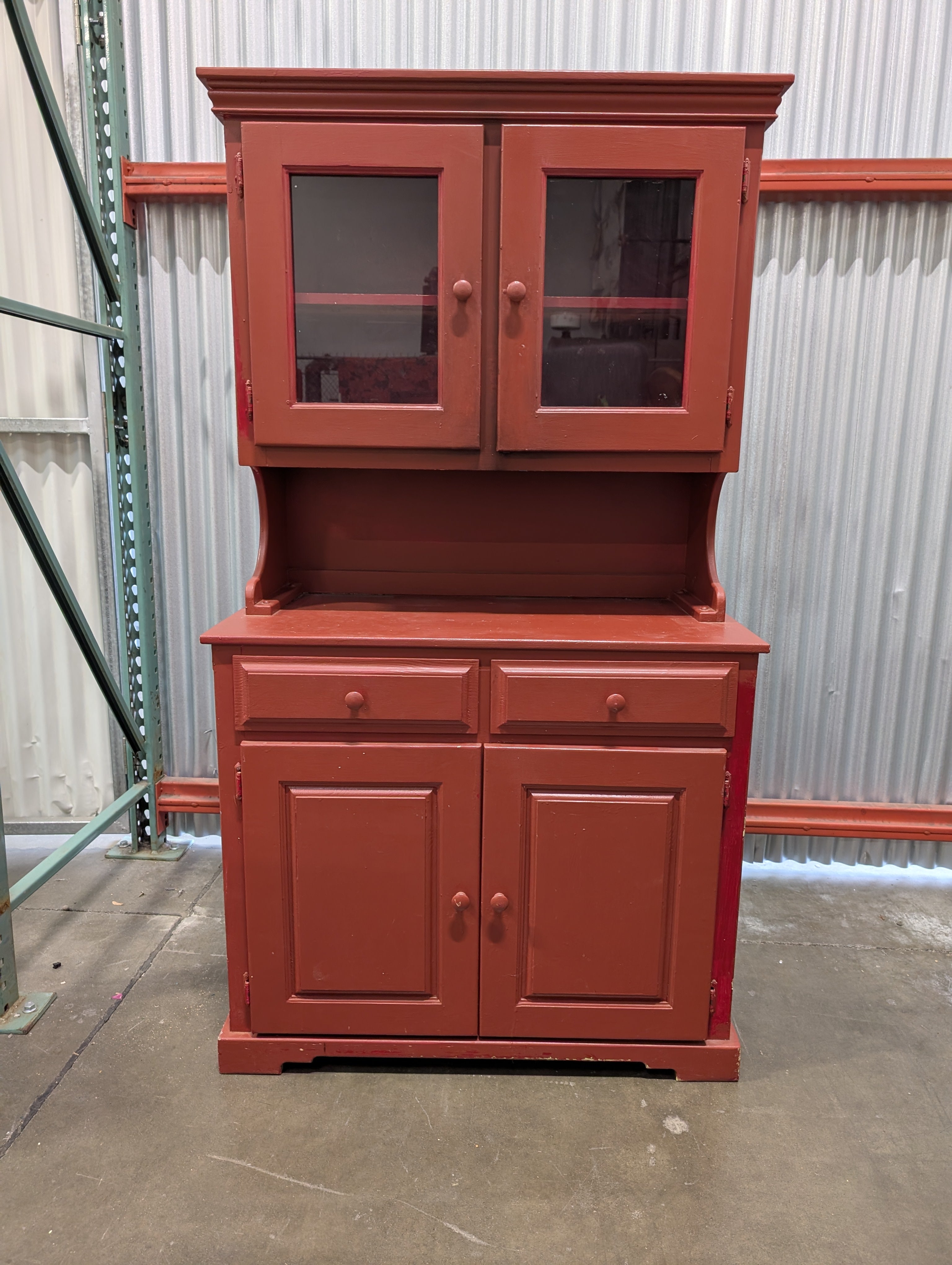 Traditional Red Wood Hutch Cabinet with Glass Doors