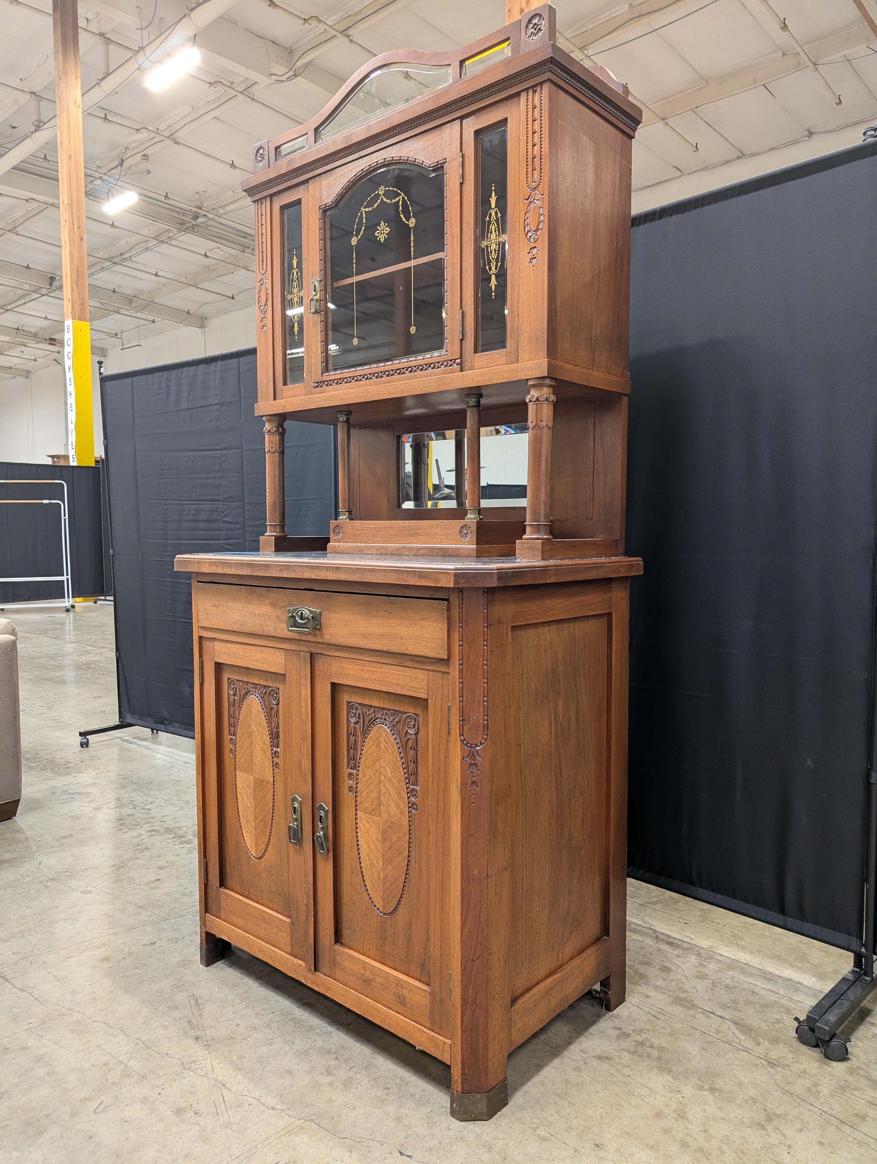 Vintage Carved Hardwood Display Cabinet with Marble Top