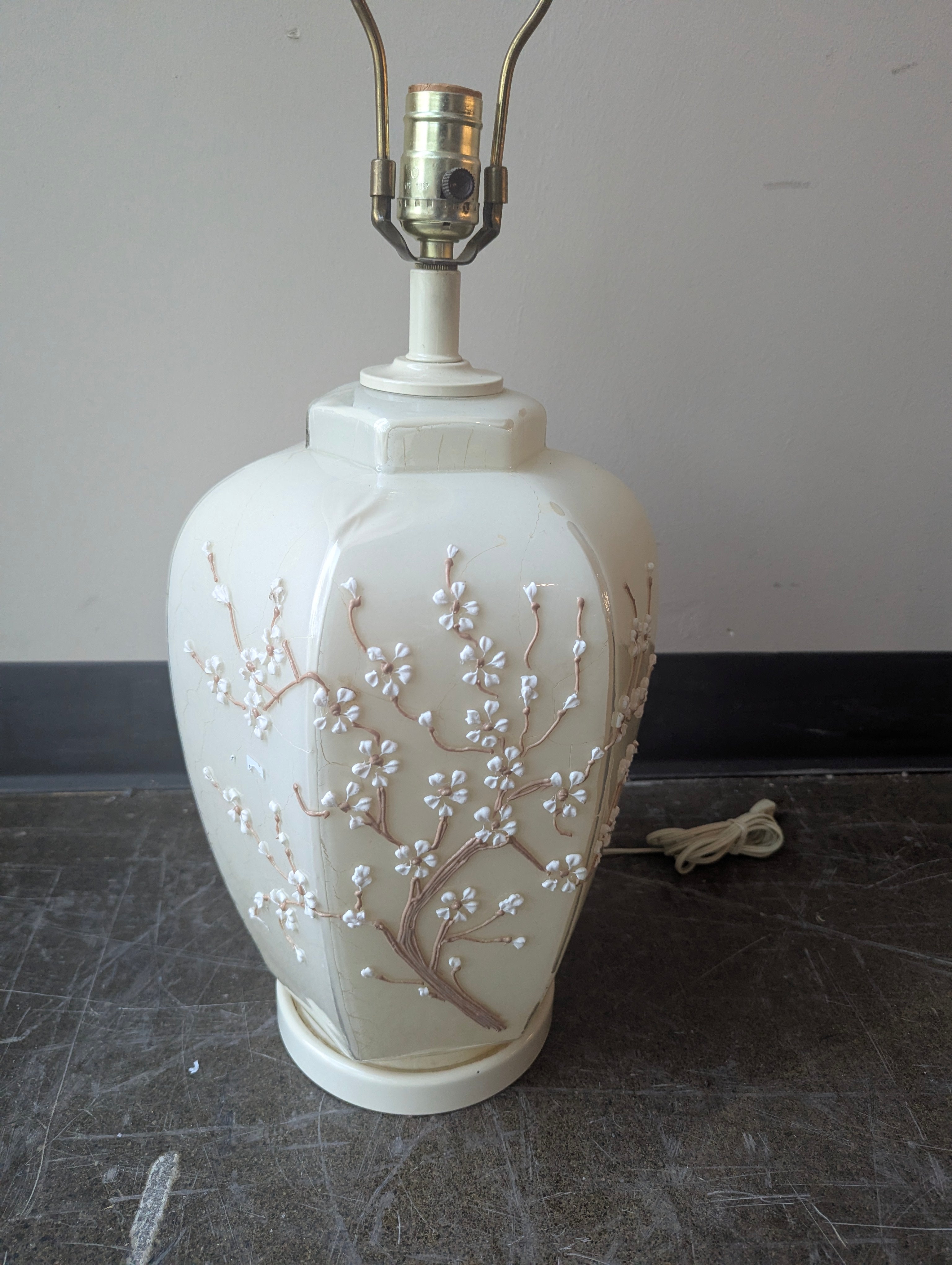 Vintage Cream Ceramic Table Lamp with Cherry Blossom Relief Design