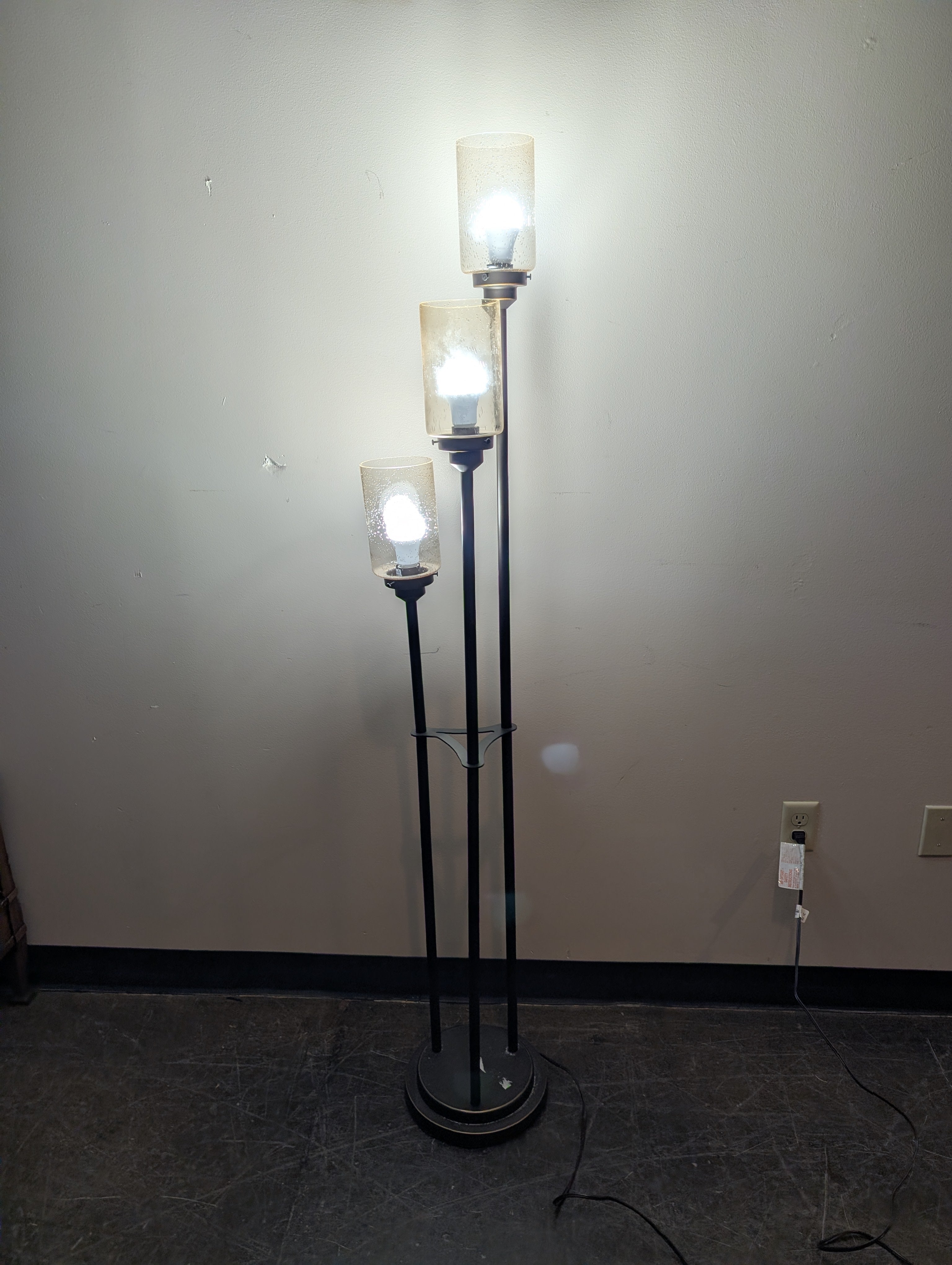 Contemporary Black Metal Three-Light Floor Lamp with Textured Glass Shades