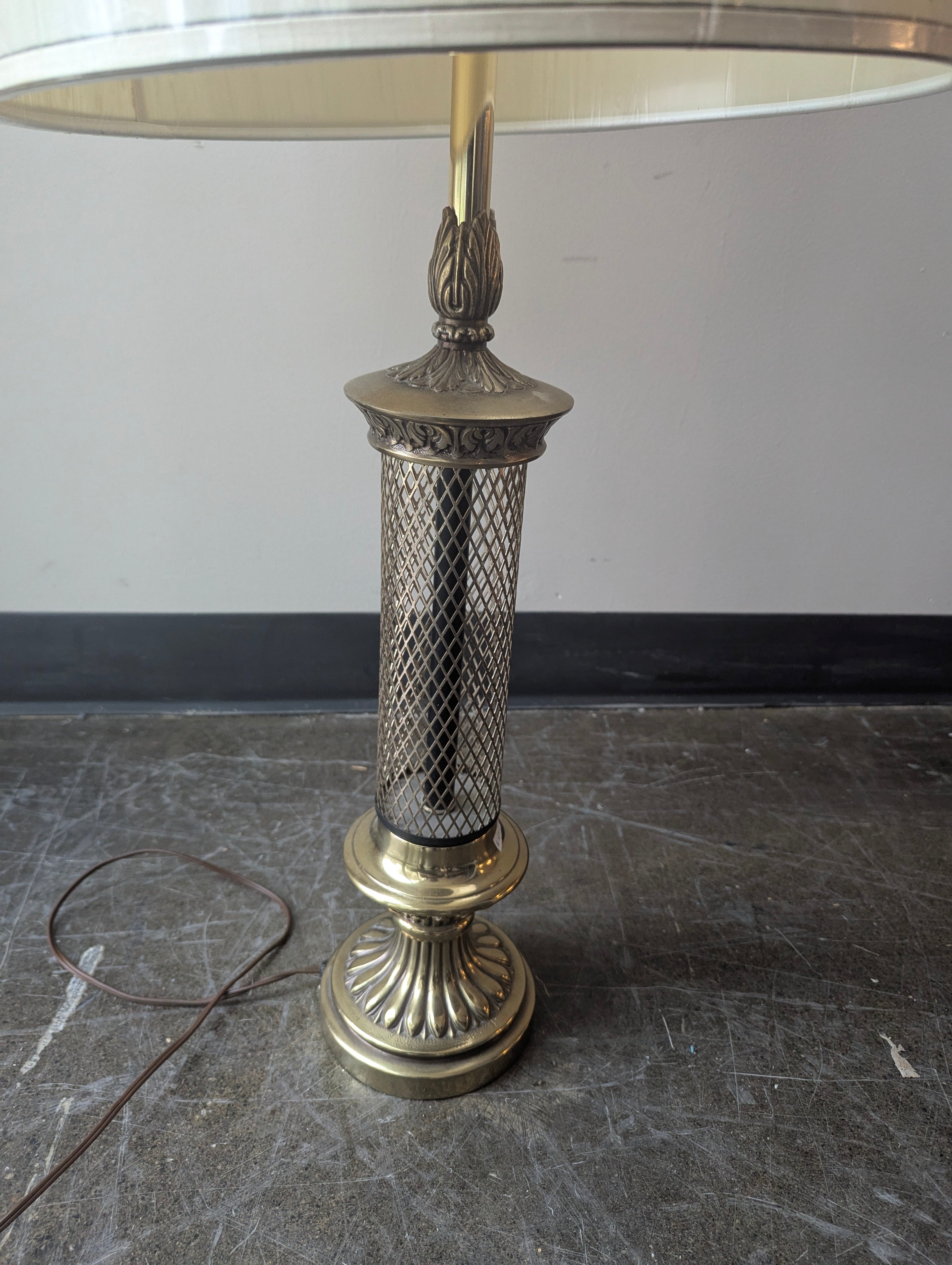 Vintage Brass Tone Ornate Lamp with Cream Fabric Shade