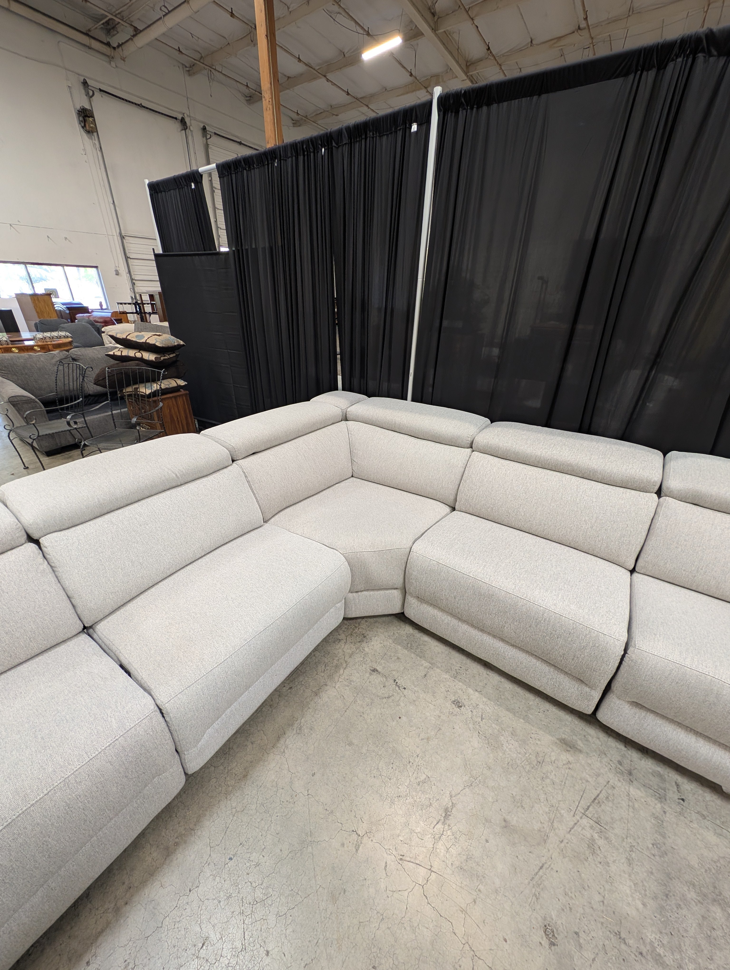 Macy's Nevio 6 Piece Fabric Power Reclining Sectional, 3 Power Recliners with Power Headrests, Light Gray Mineral