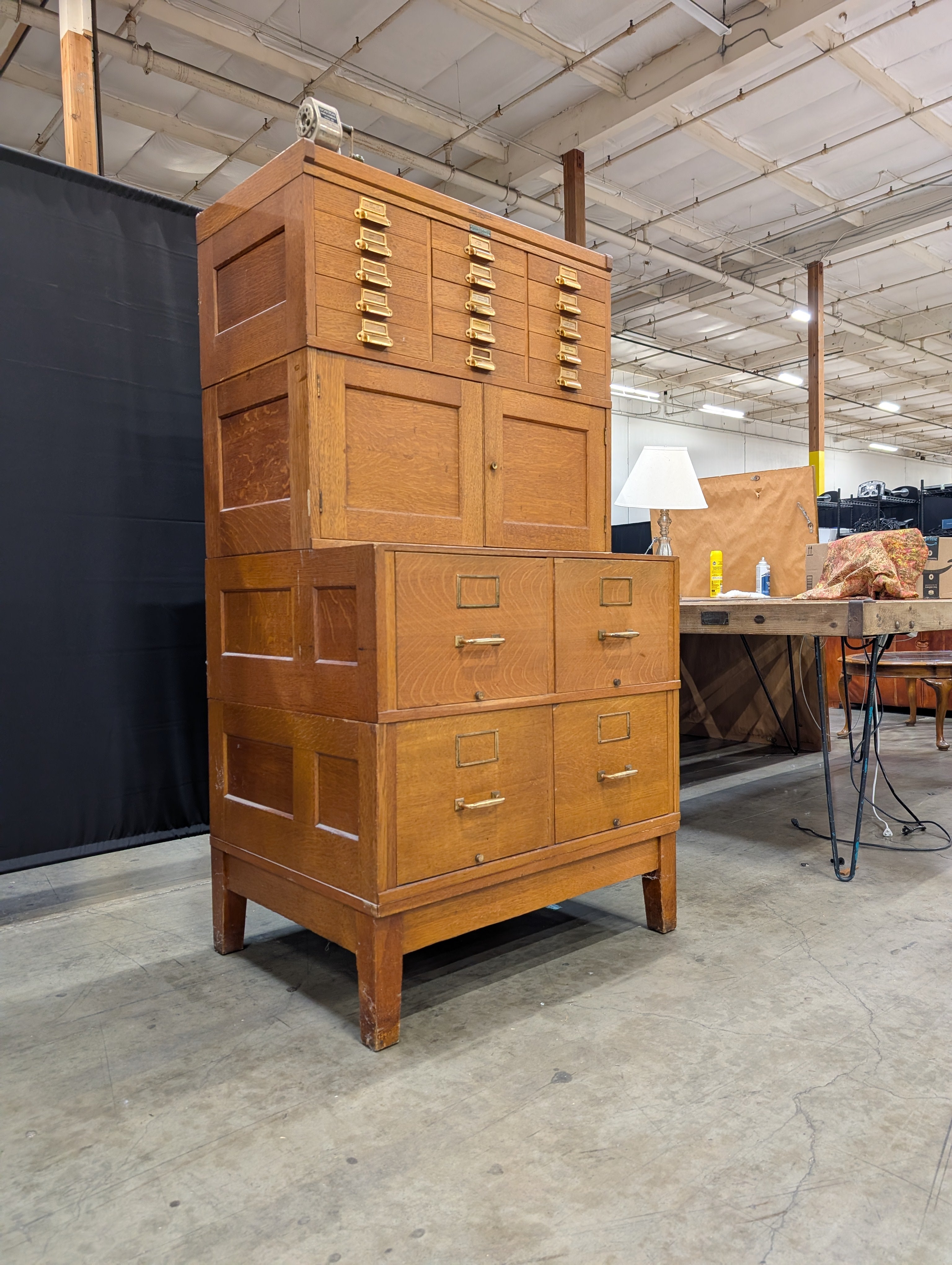 Vintage Yawman & Erbe Manufacturing Co. Oak Multi-Drawer Filing Cabinet with Brass Hardware