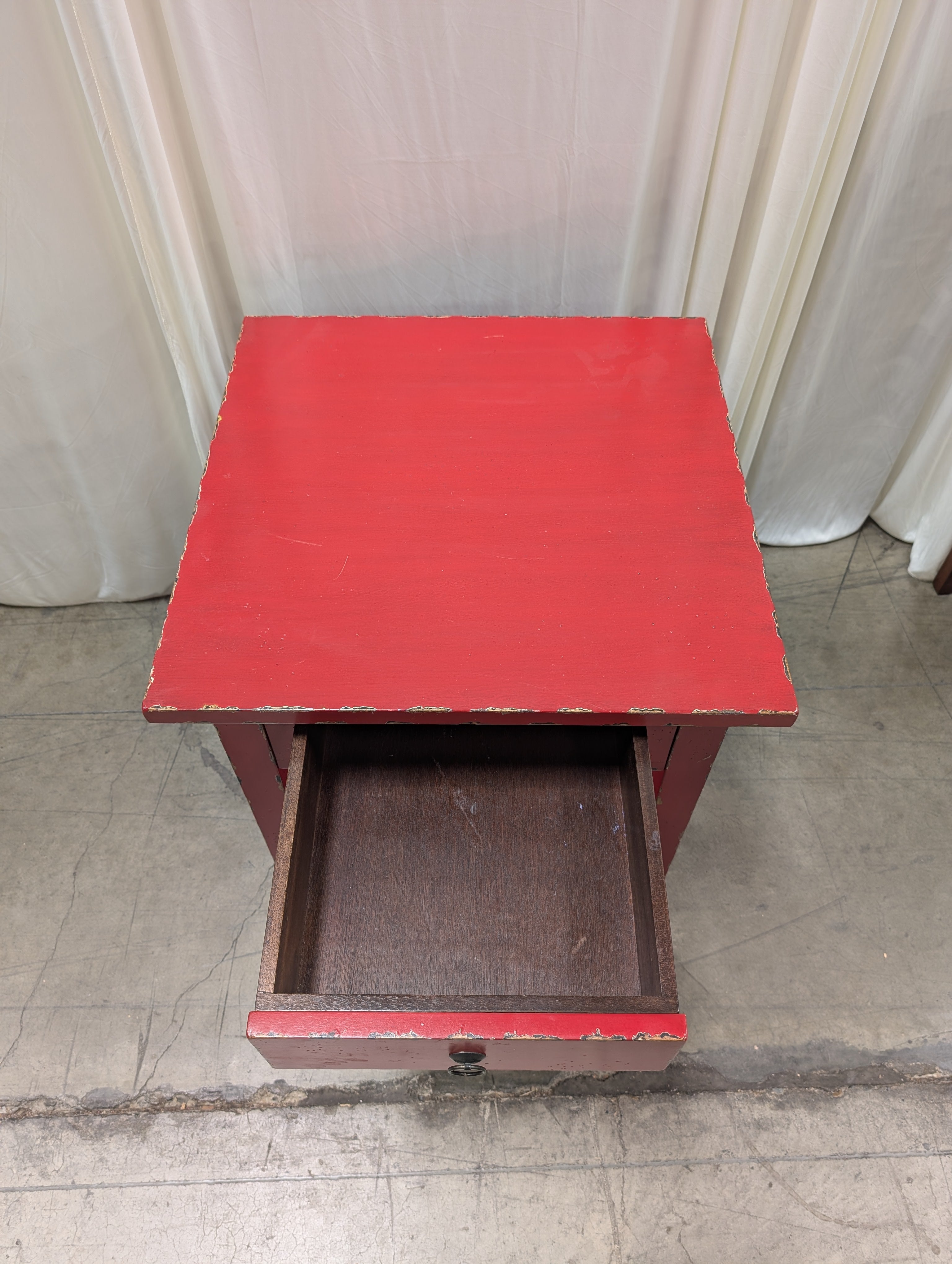 Distressed Red Wood End Table with Drawer and Shelf