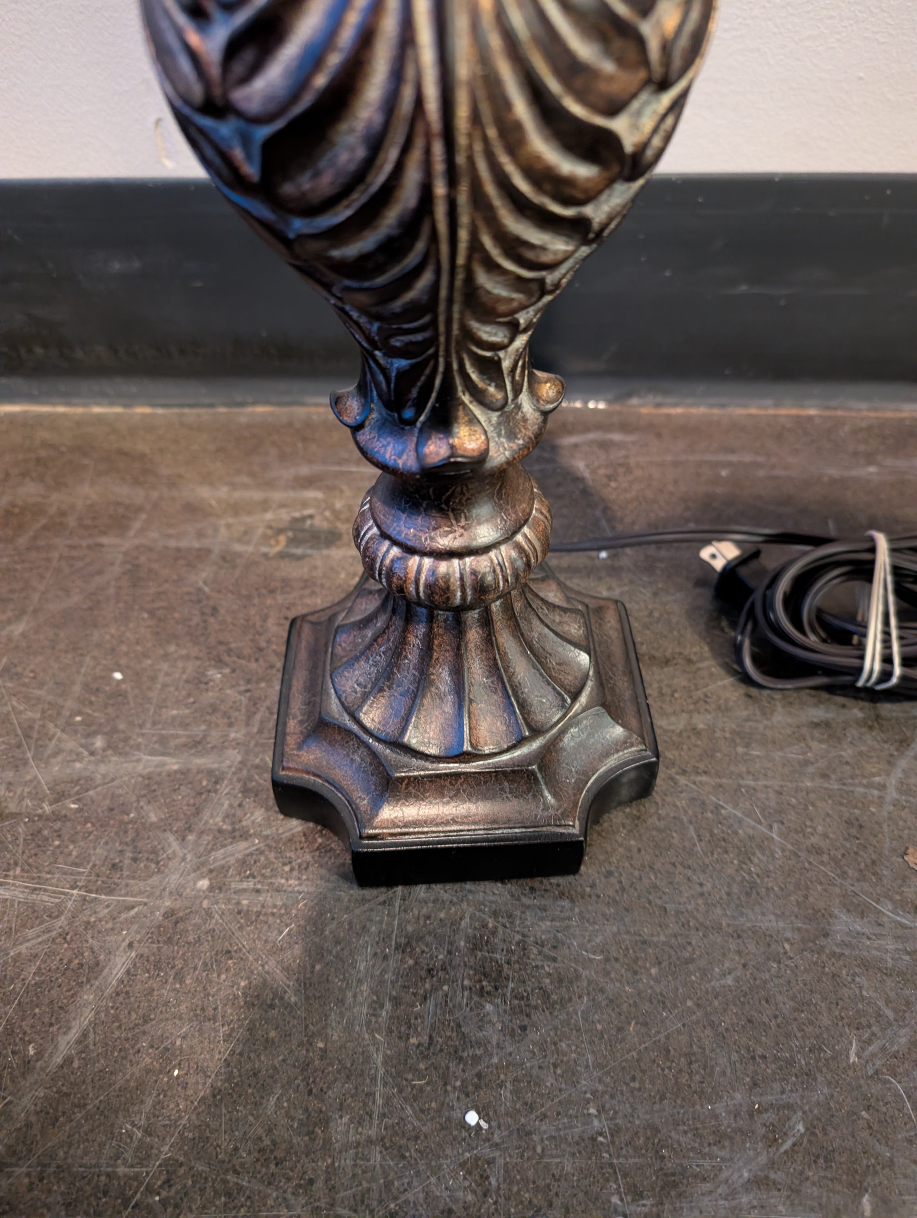 Ornate Bronze Finish Table Lamp with Tapered Fabric Shade