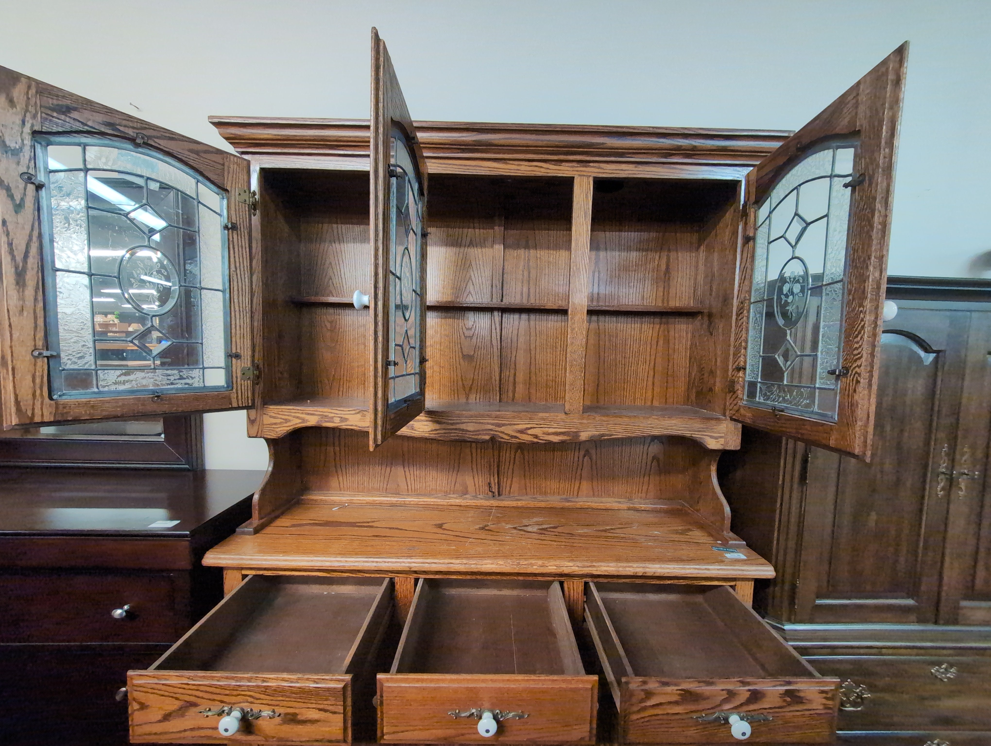 Rustic Hardwood China Cabinet with Glass Doors - no glass shelves