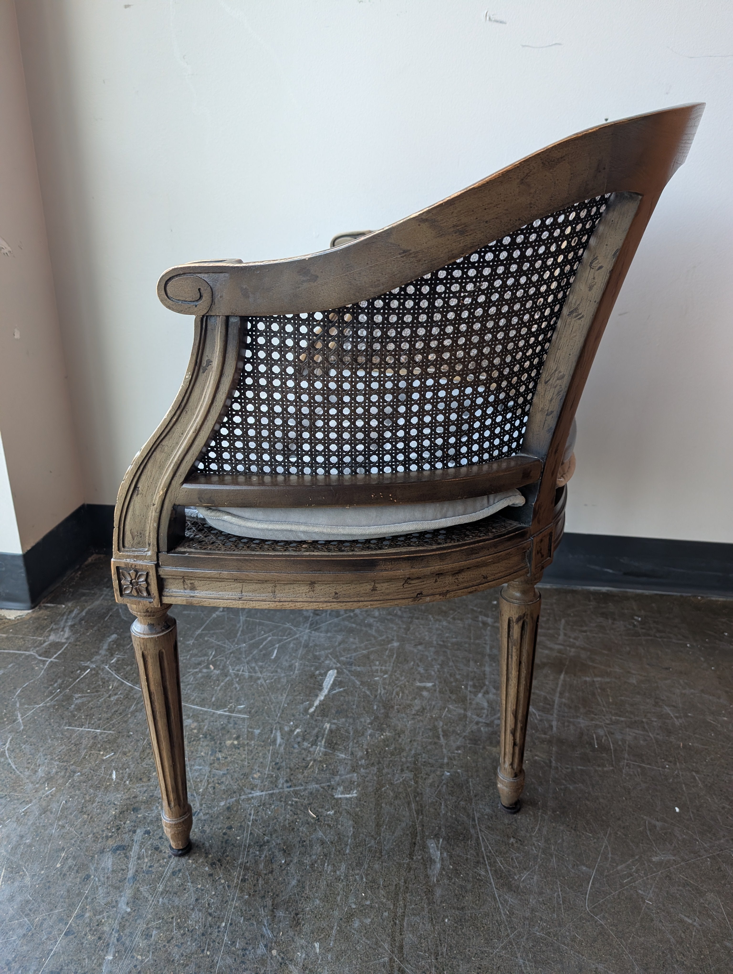 Vintage Cane Barrel Back Armchair with Tufted Cushion