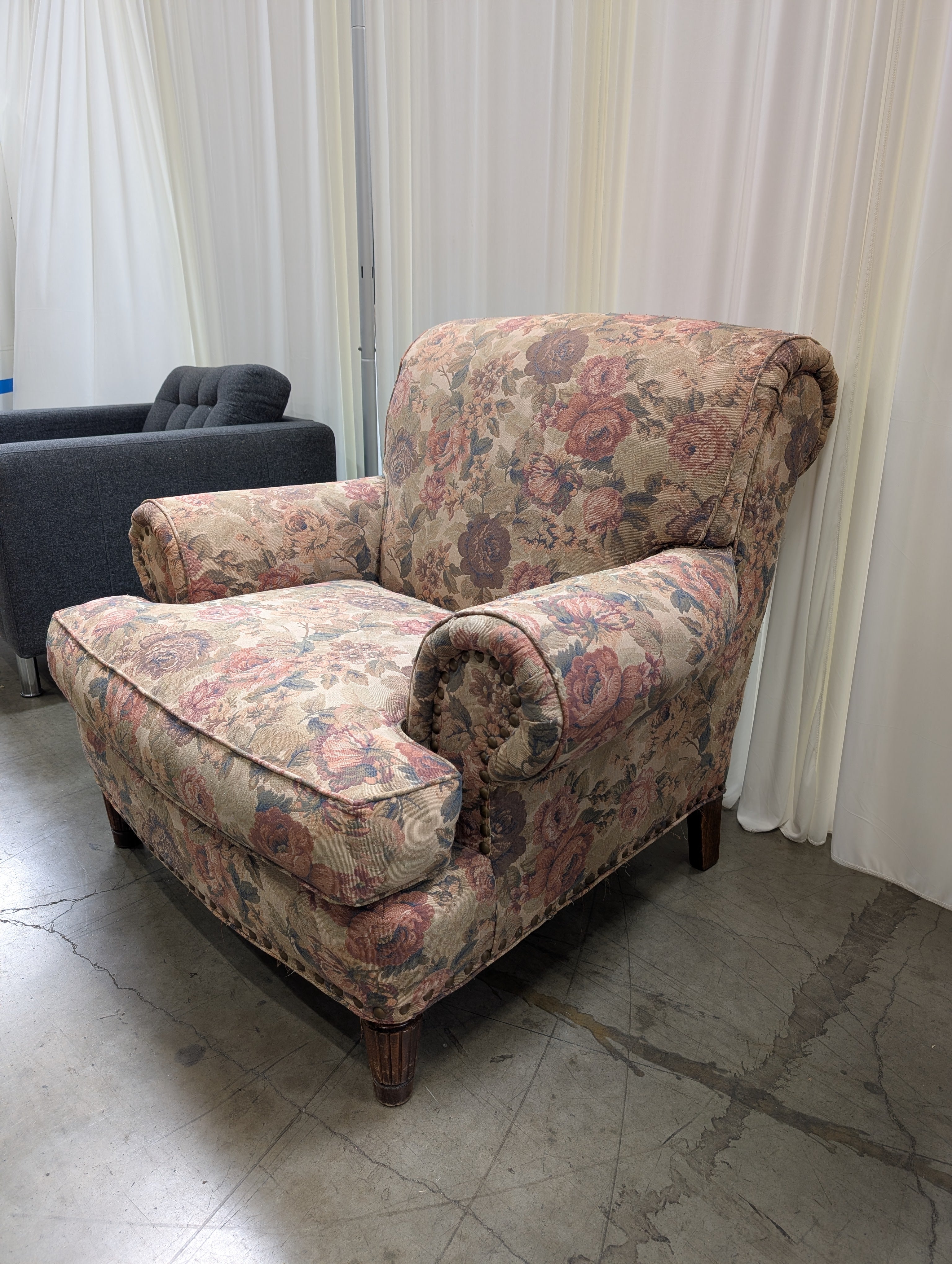 Traditional Floral Upholstered Armchair with Rolled Arms