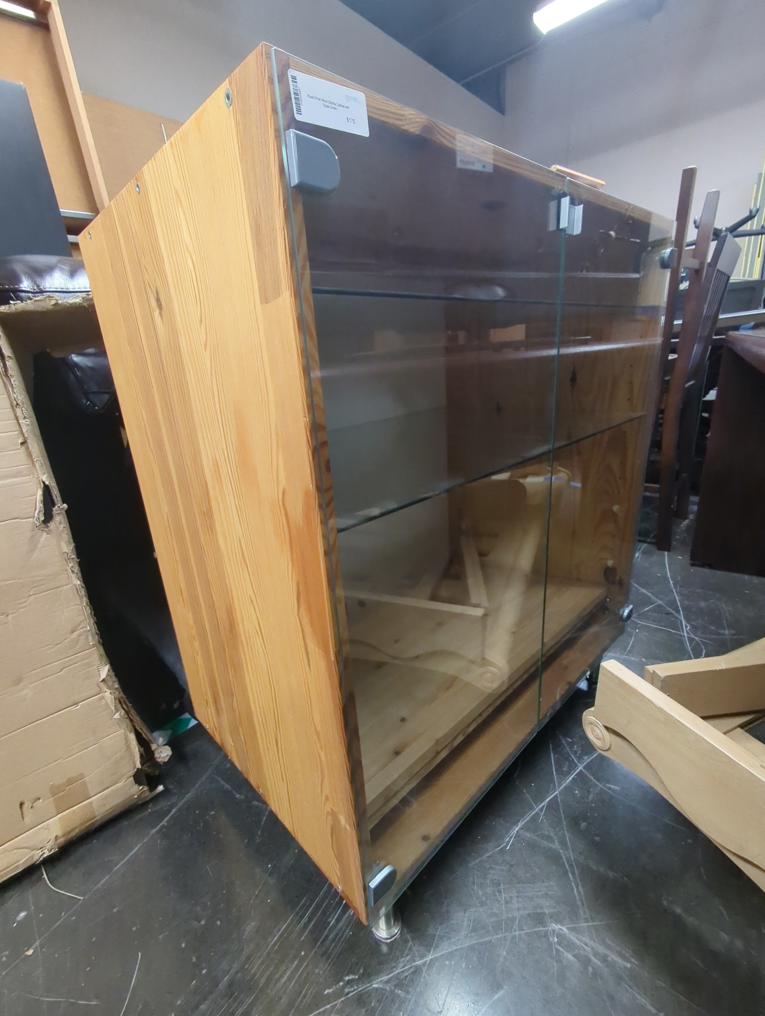 Rustic Pine Wood Display Cabinet with Glass Doors