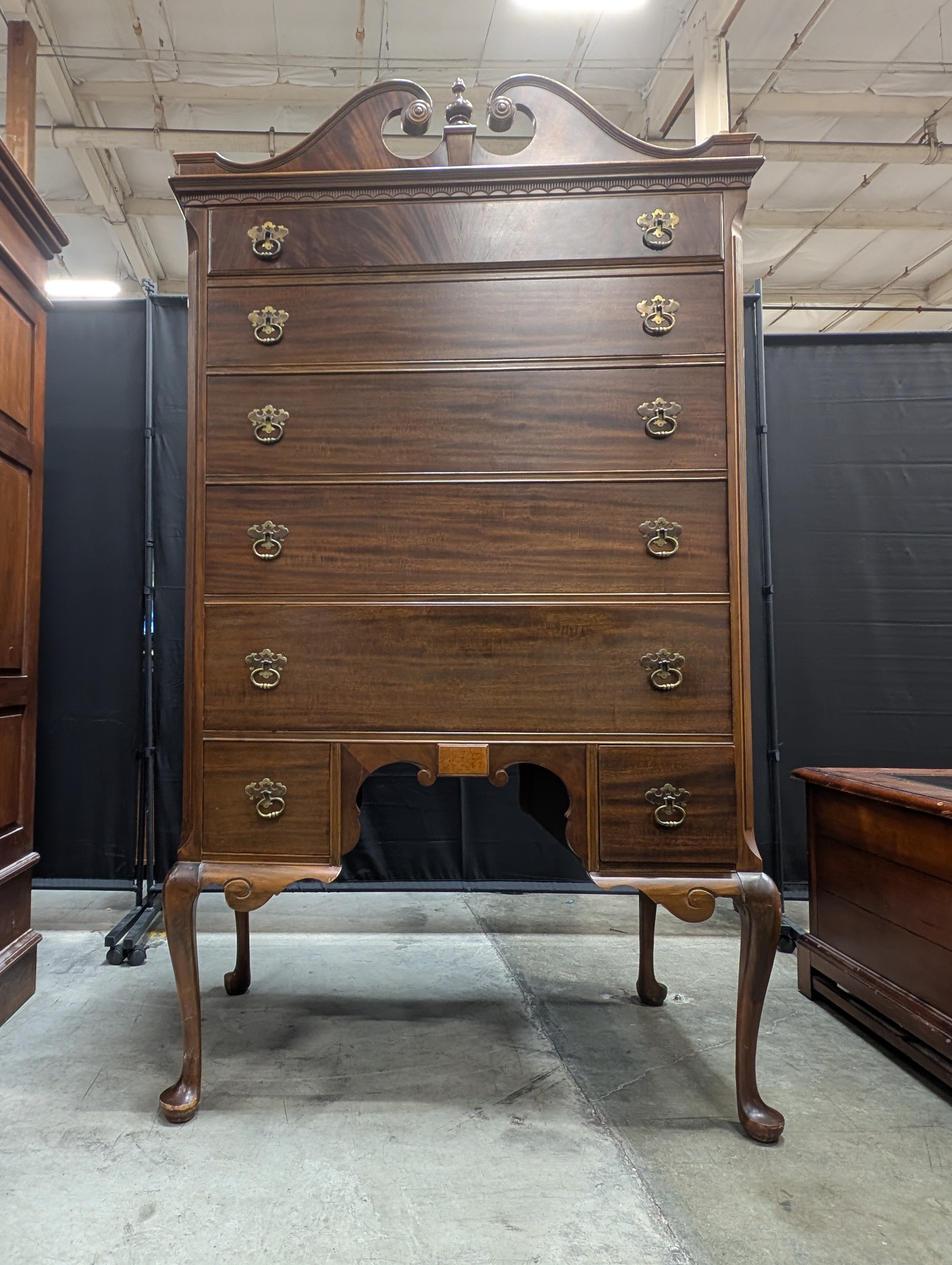Dark Wood BERKEY&GAY Highboy Chest of Drawers with Ornate Brass Pulls