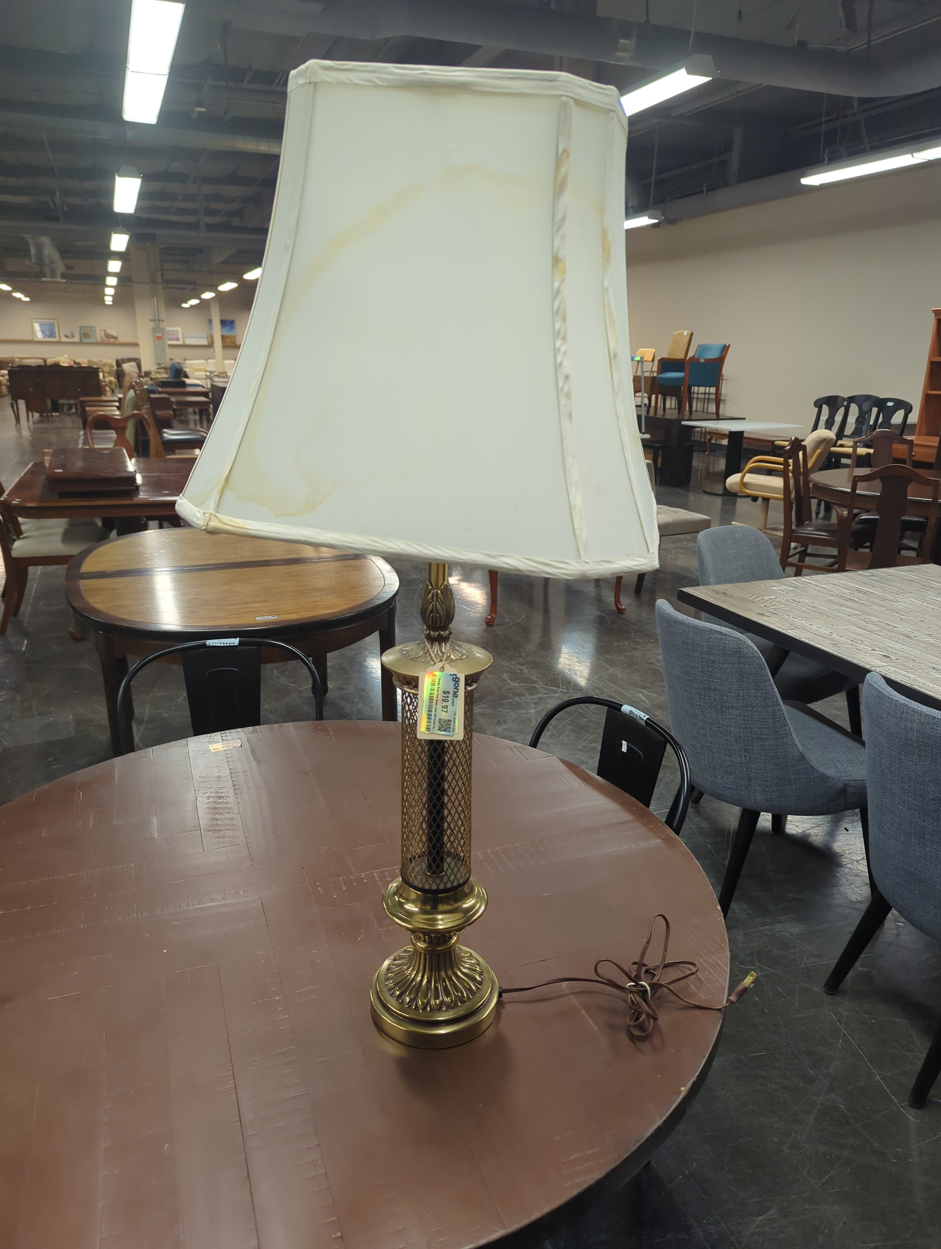 Vintage Brass Tone Ornate Lamp with Cream Fabric Shade