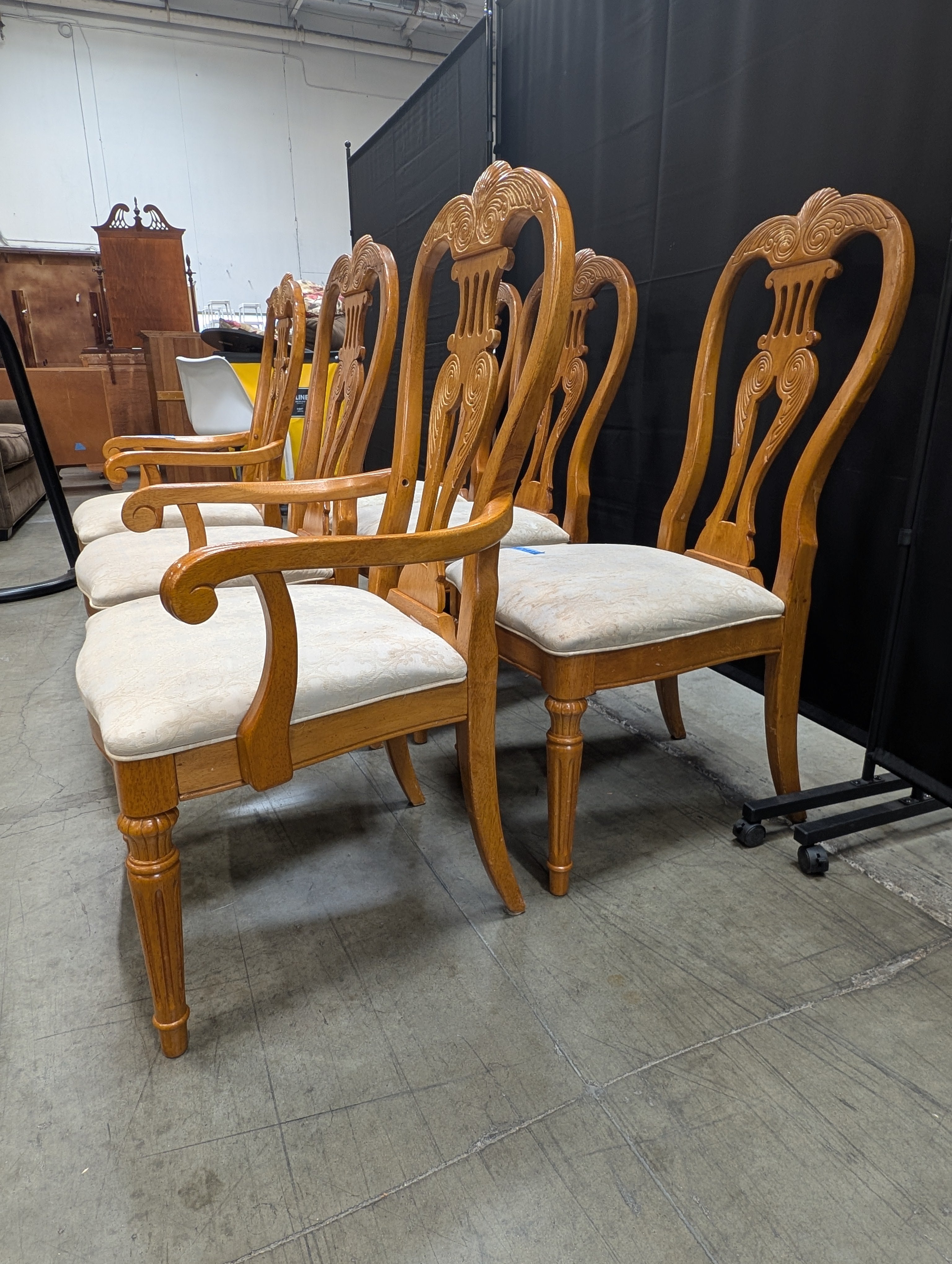 Set of Six Ornate Carved Wood Accent Chair with Upholstered Seat