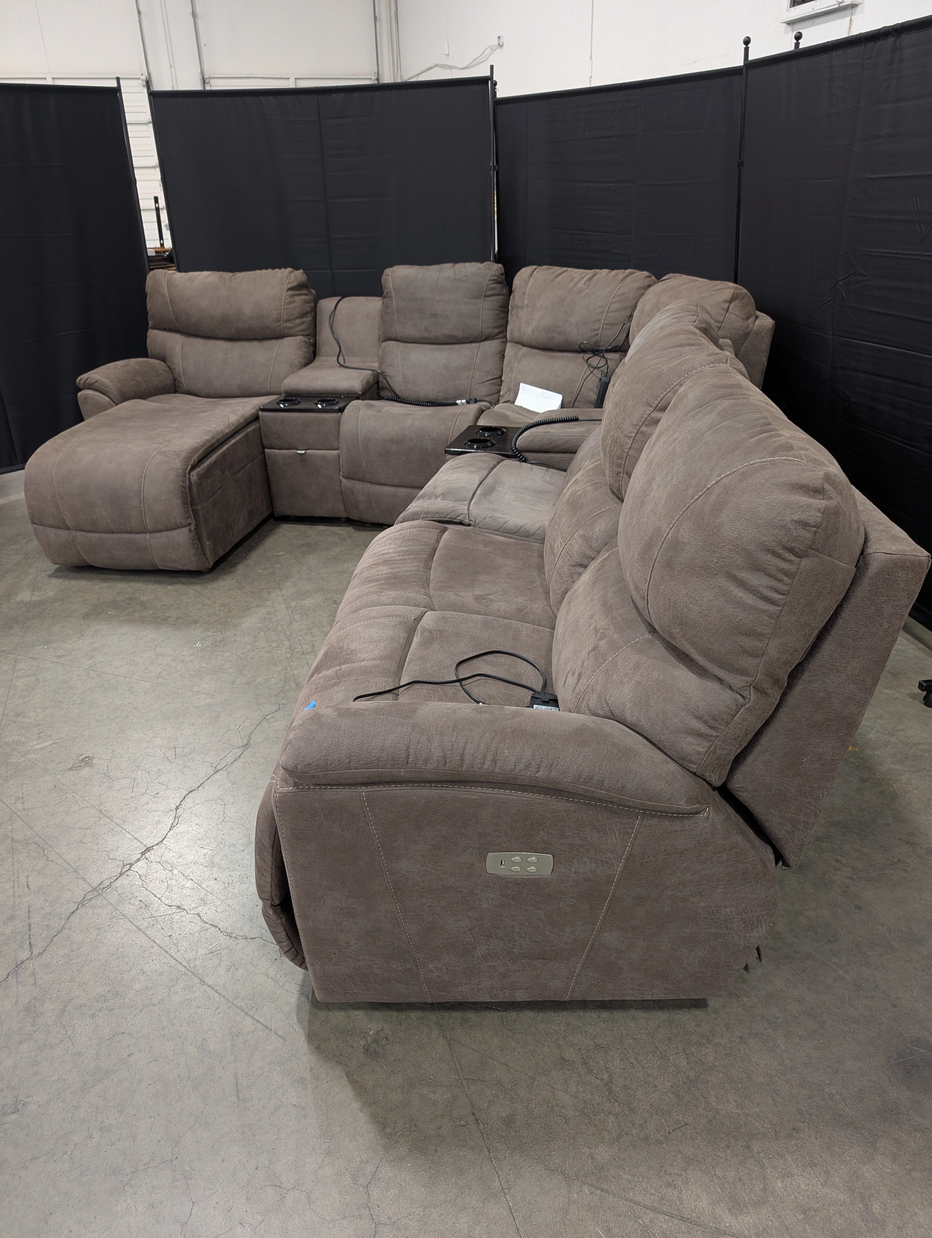 Electric Reclining Brown Microfiber Sectional Couch with Consoles