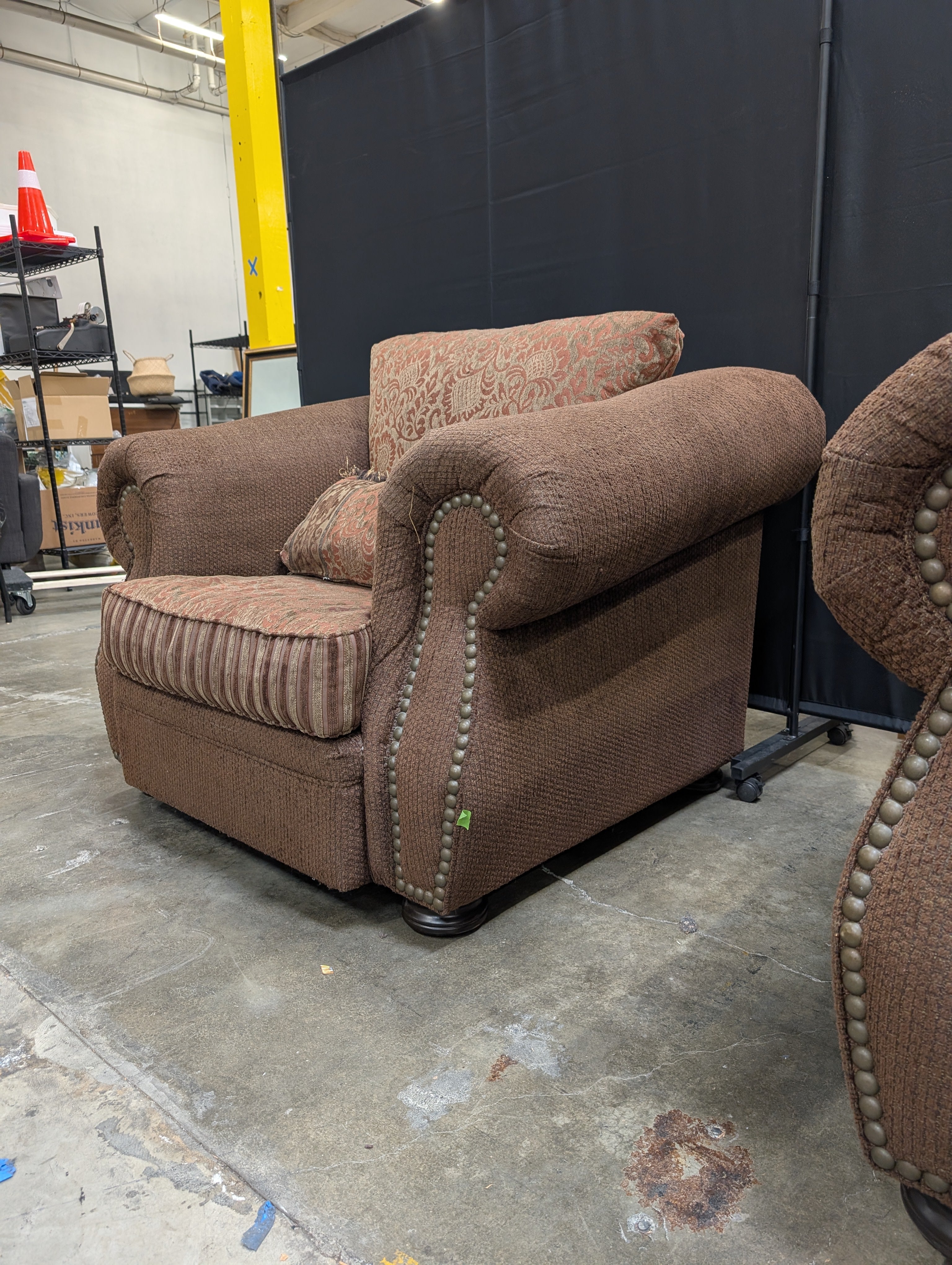 Textured Brown Upholstered Club Chair with Nailhead Trim