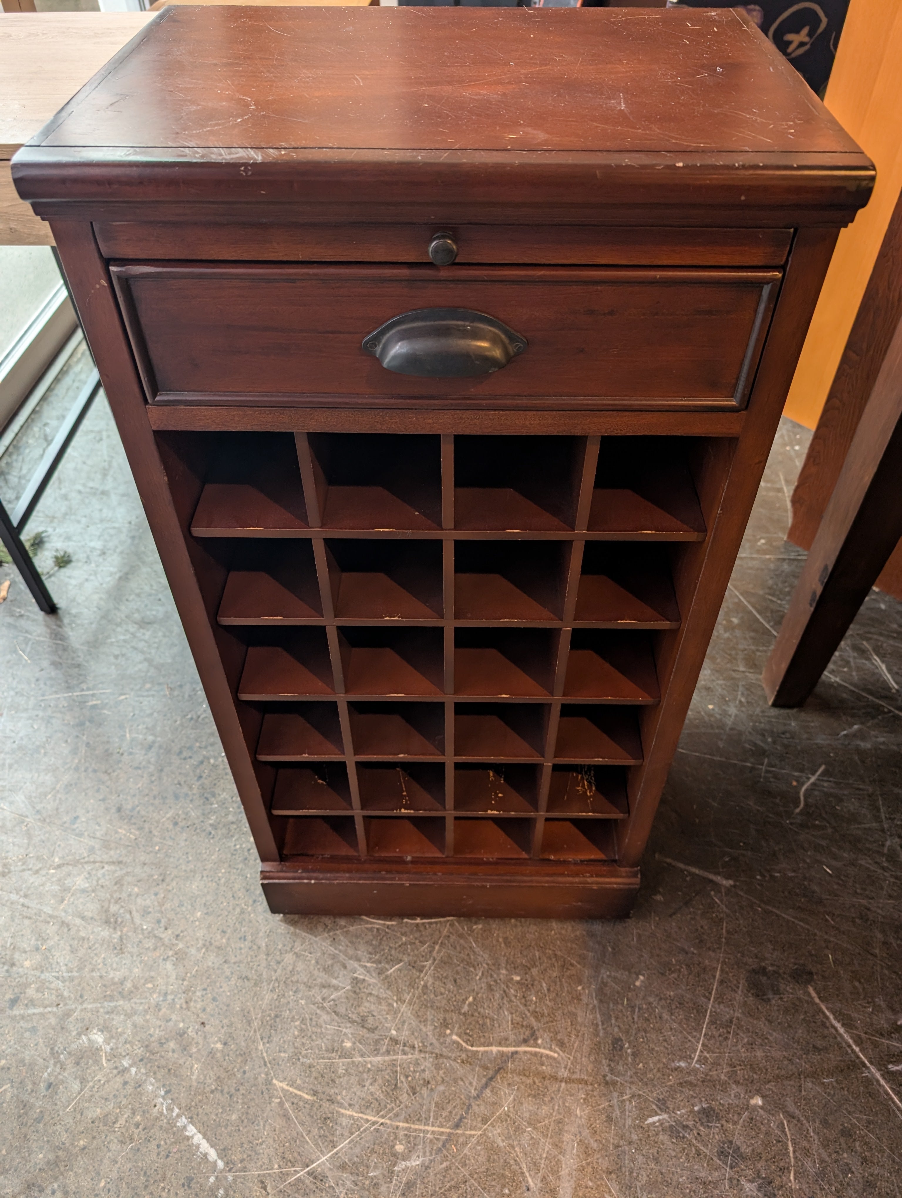 Dark Wood Wine Storage Cabinet with Drawer and 25 Bottle Slots