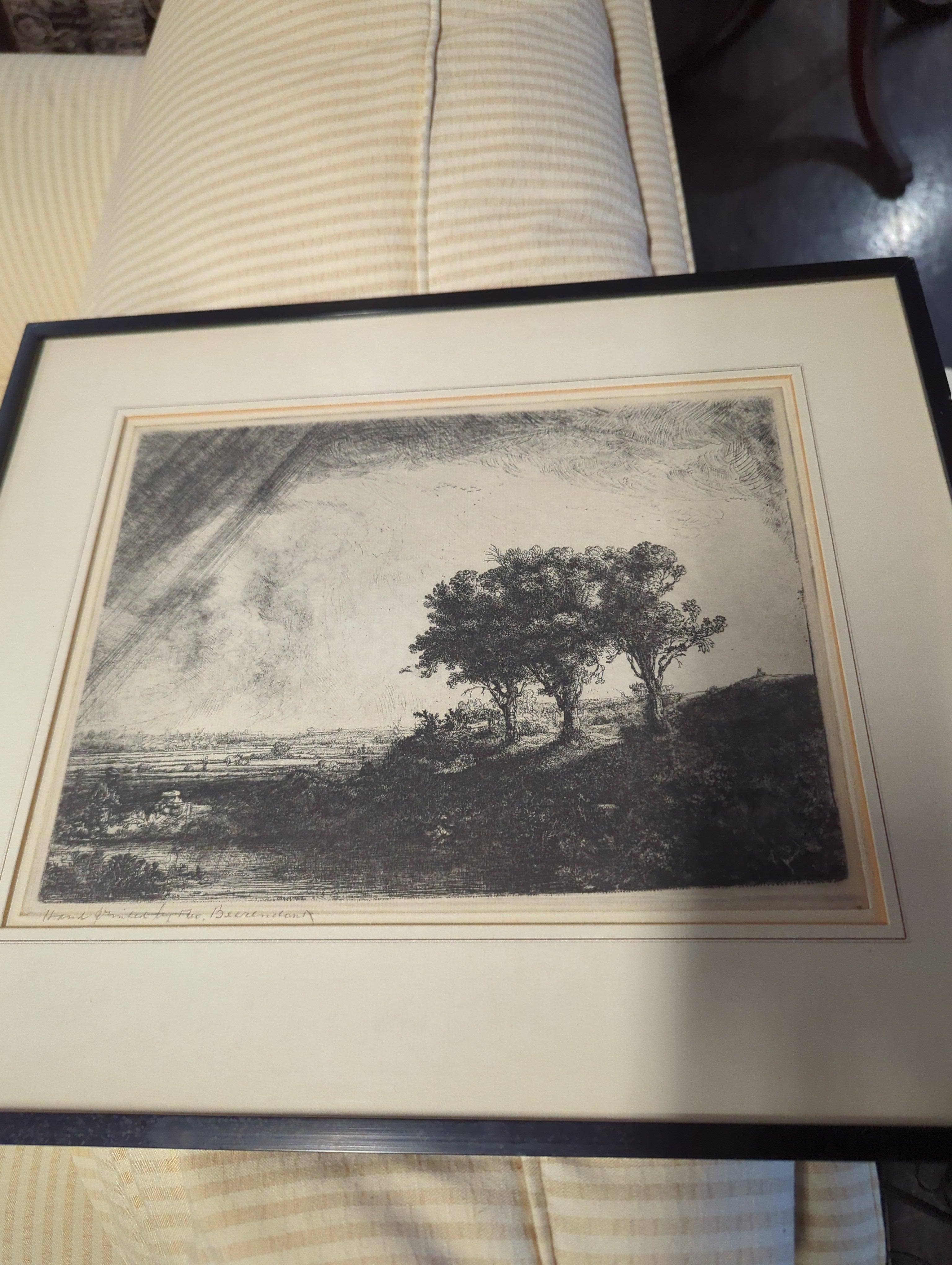 Black and White Hand Printing of Meadow With Three Trees