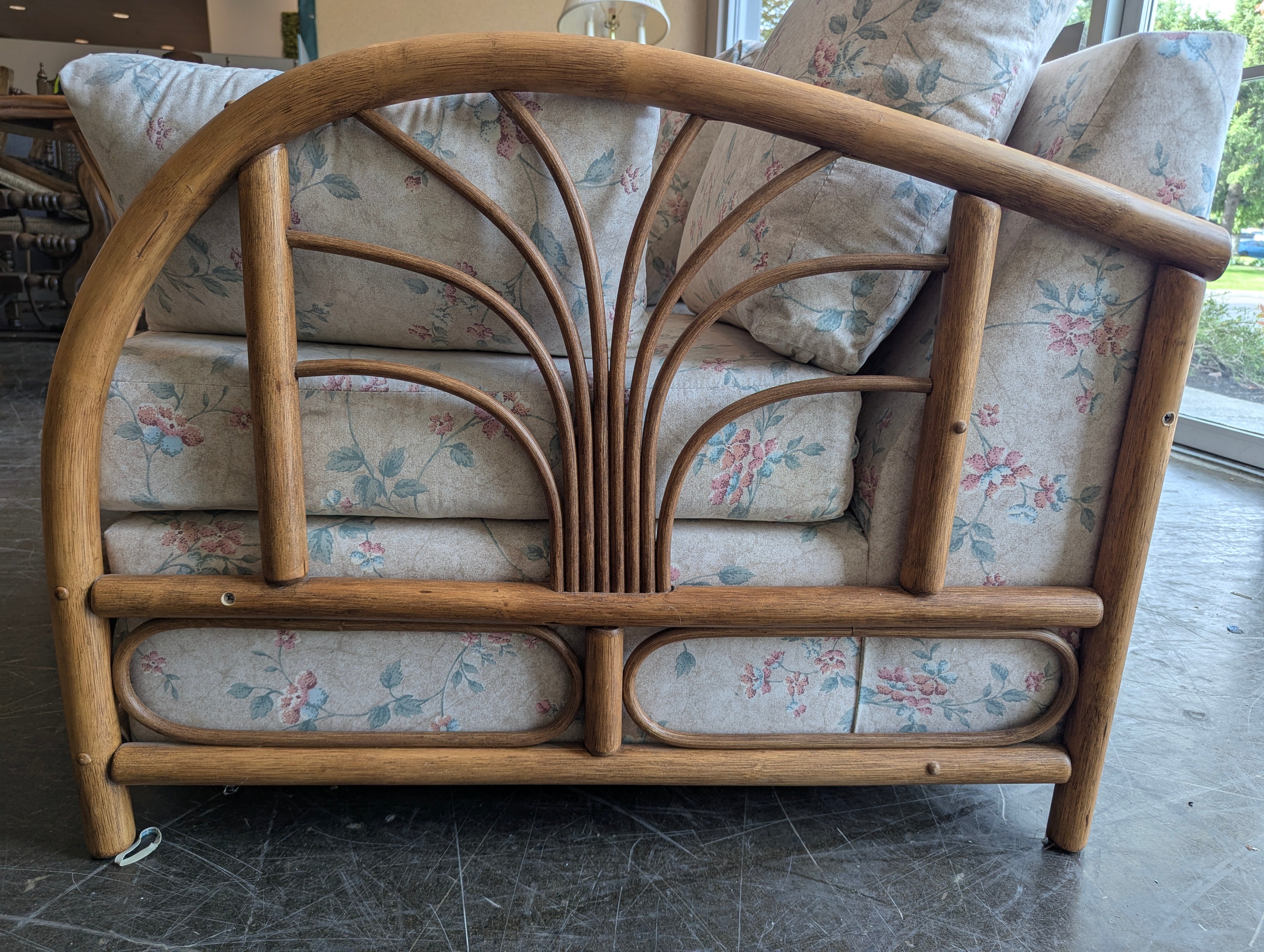 Vintage Rattan Three-Seat Sofa with Floral Upholstery