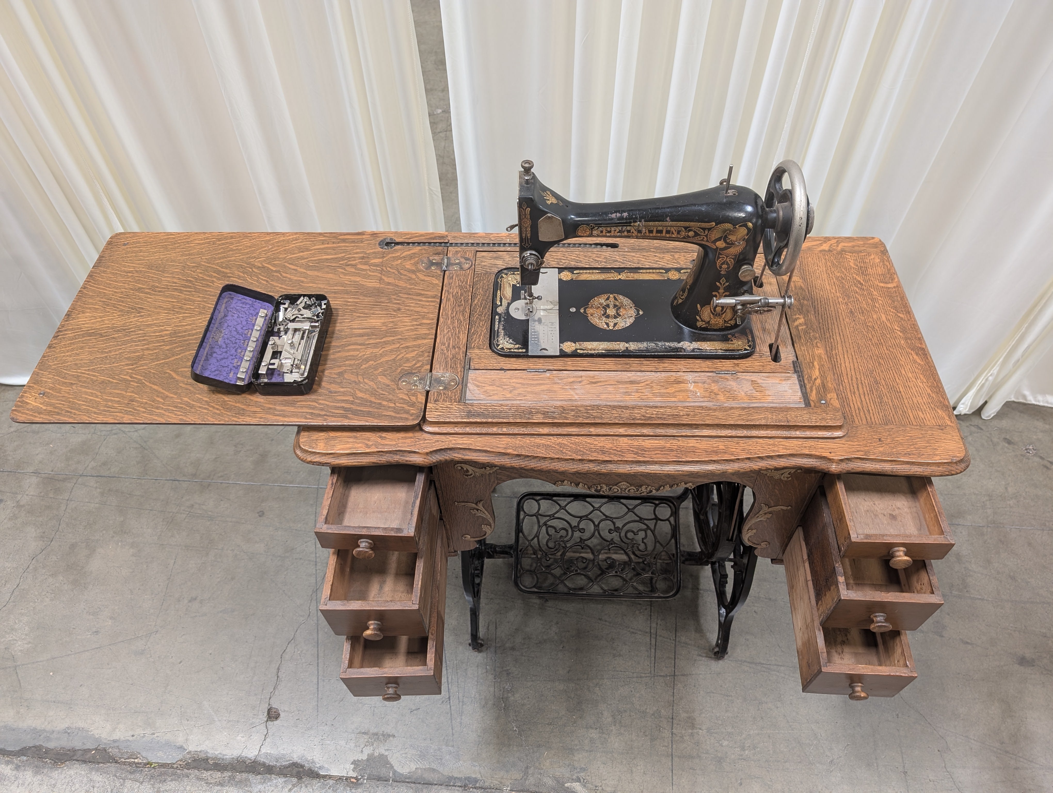 Oak Wood Antique Sewing Machine Cabinet with Ornate Details