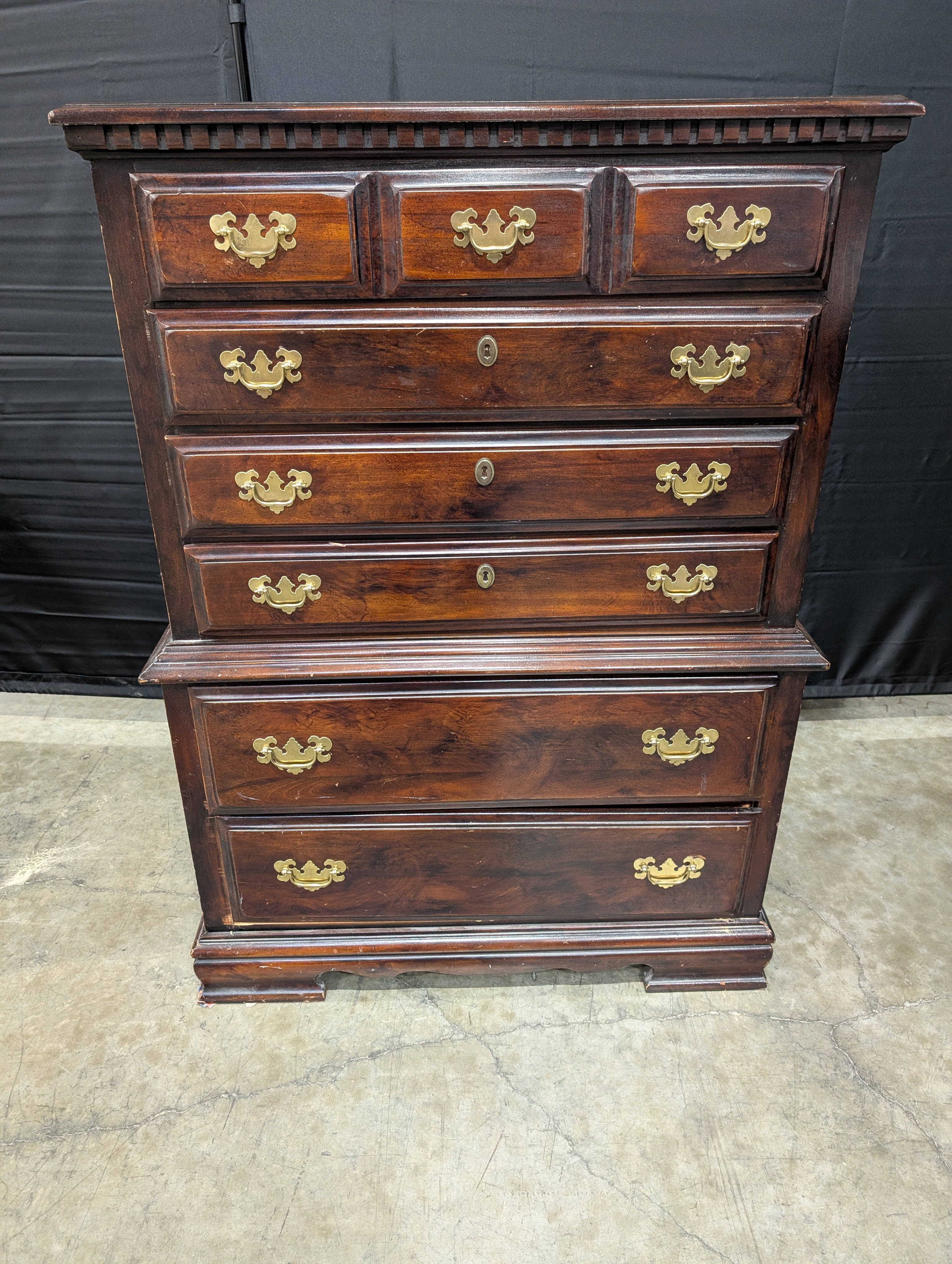 Dark Wood Tall Storage Chest with Gold-Toned Hardware