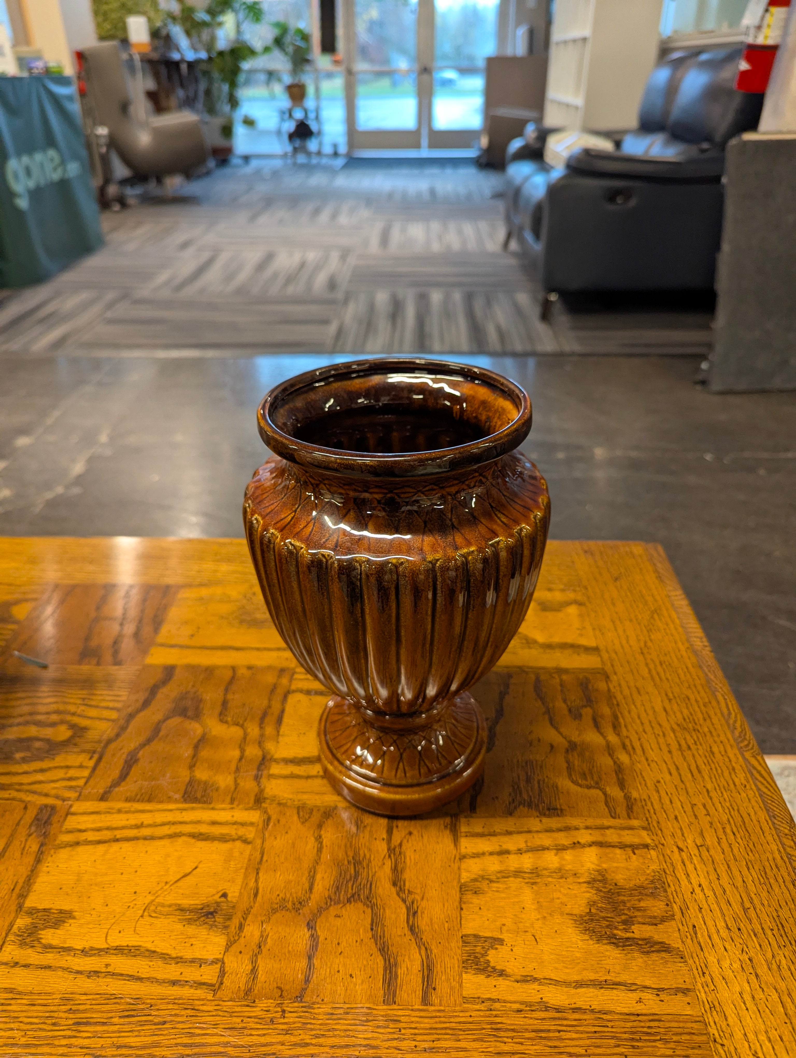Vintage Ribbed Amber Glazed Ceramic Urn Vase