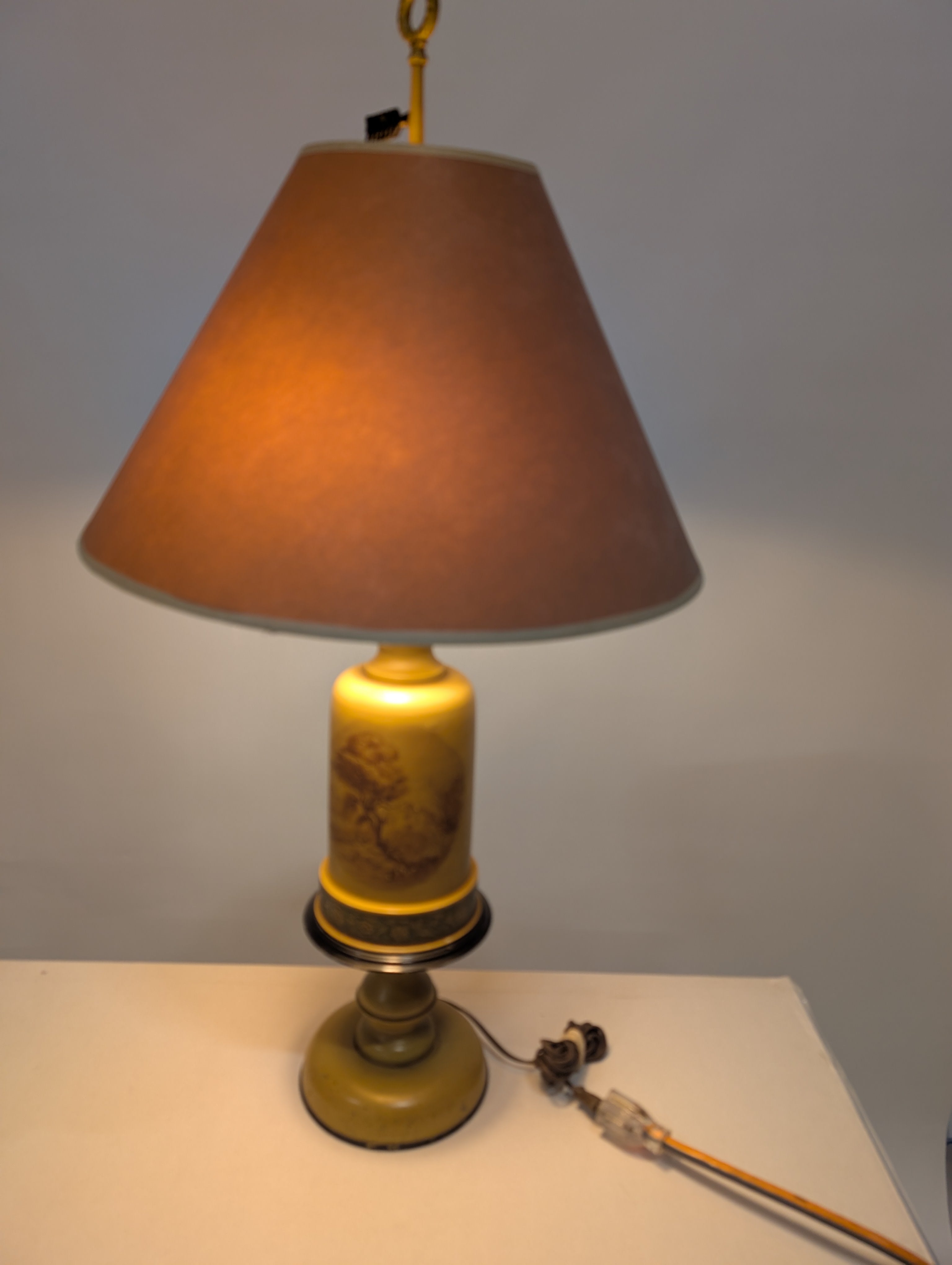 Vintage Style Mustard Yellow Table Lamp with Scenic Design