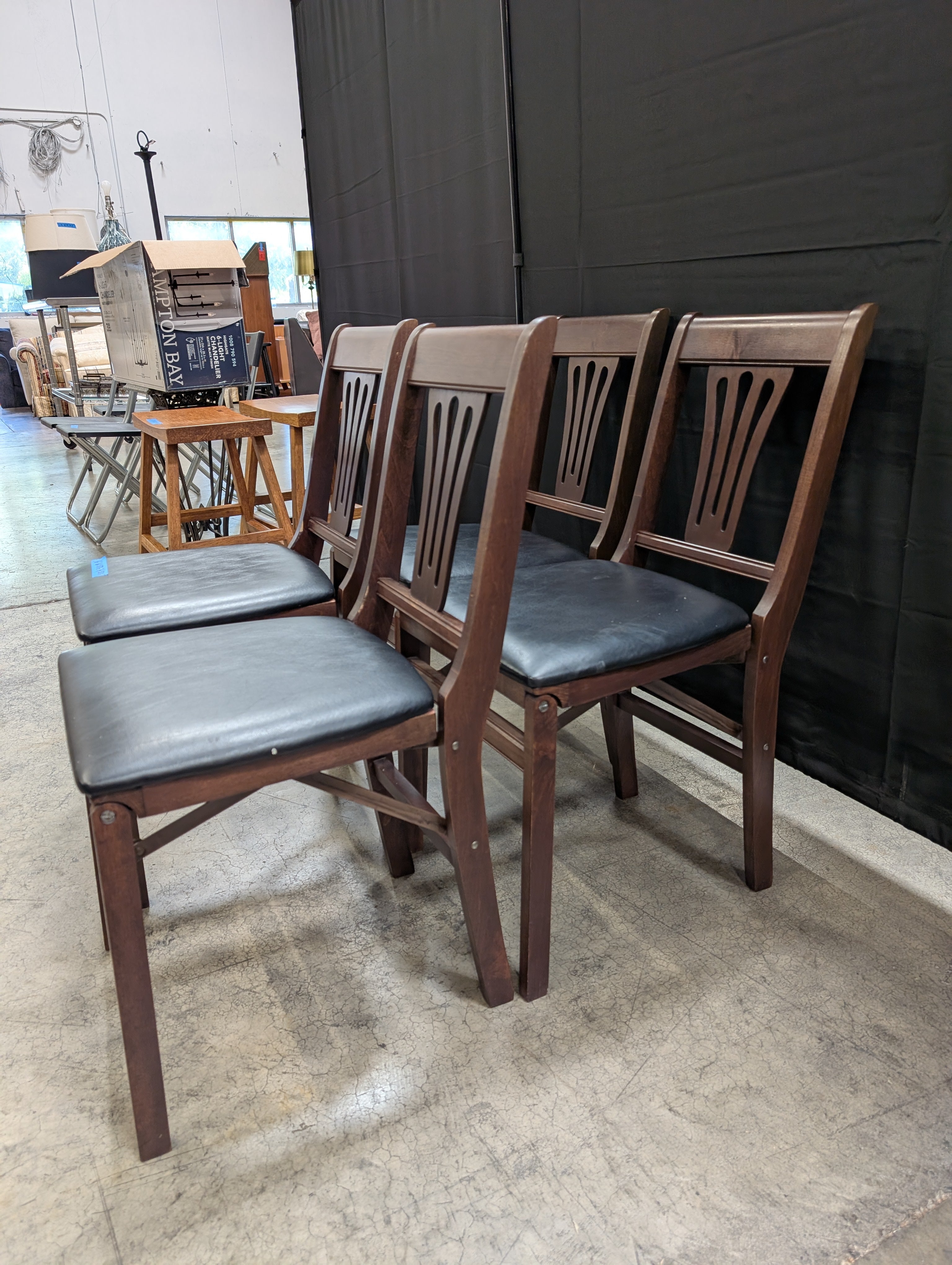 Set of Four Dark Brown Wood Folding Dining Chair with Black Seat