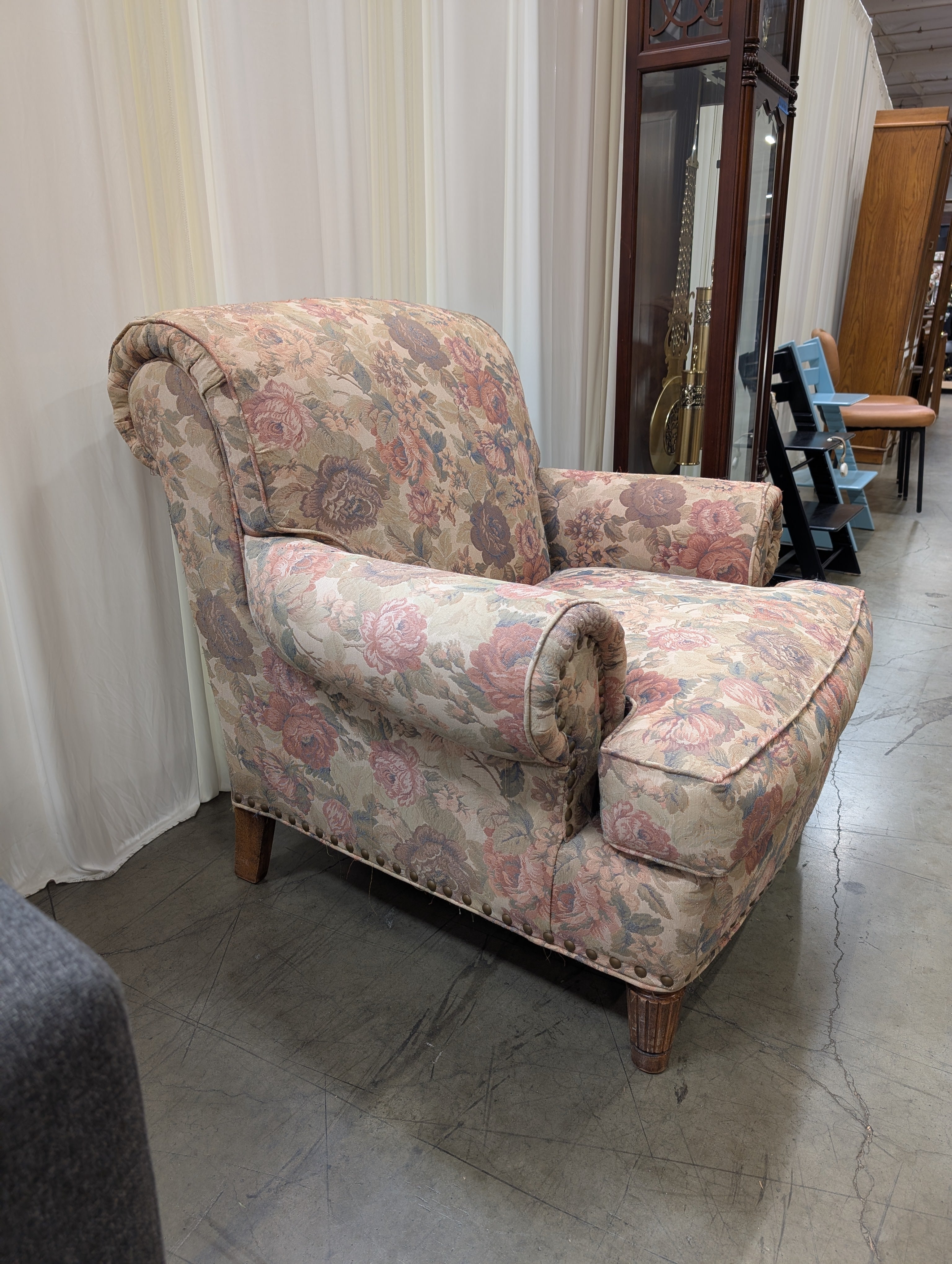 Traditional Floral Upholstered Armchair with Rolled Arms