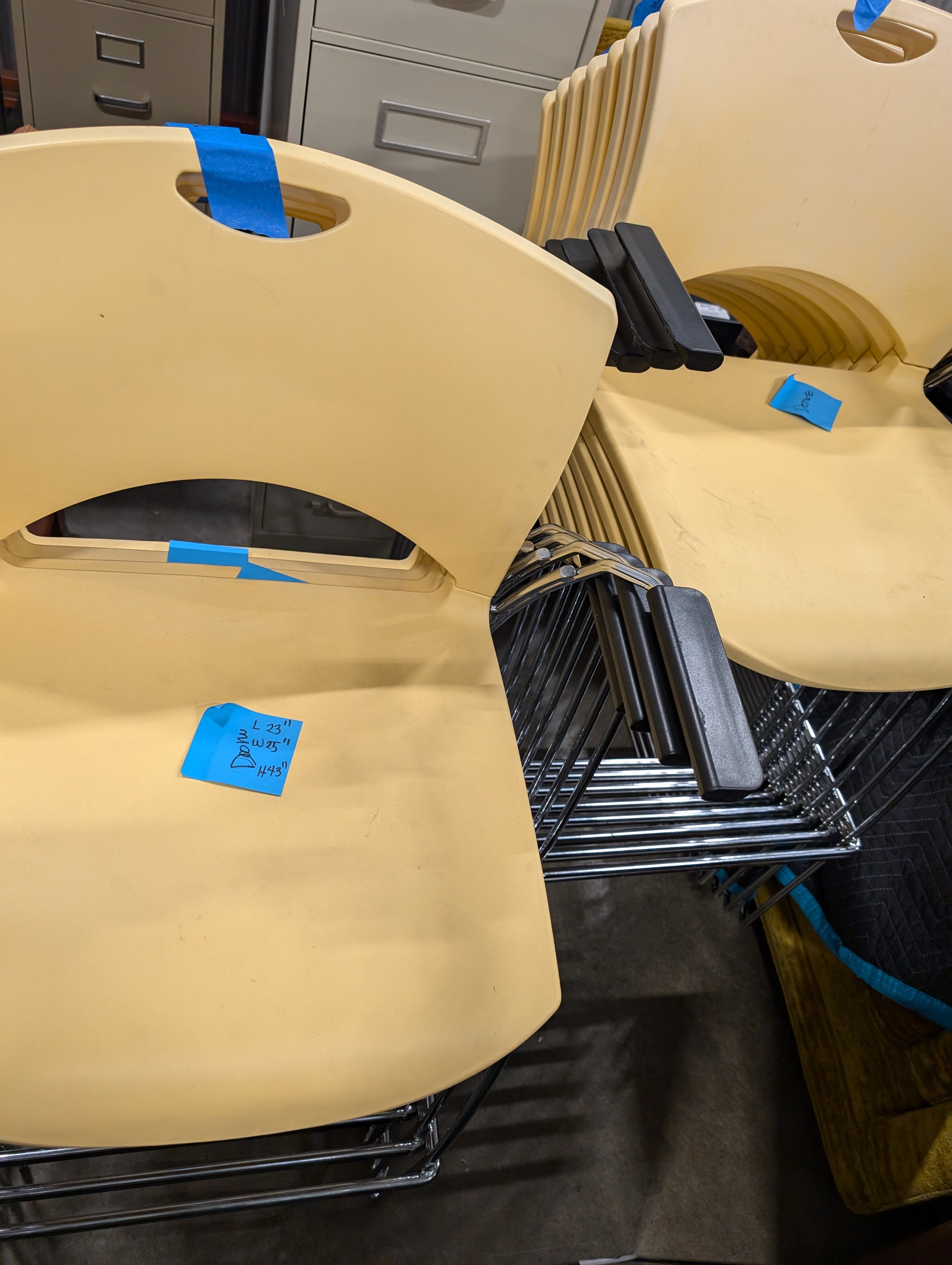 Warehouse sale --- Set of 12 Stackable Yellow Plastic Chairs with Chrome Frames and Armrests