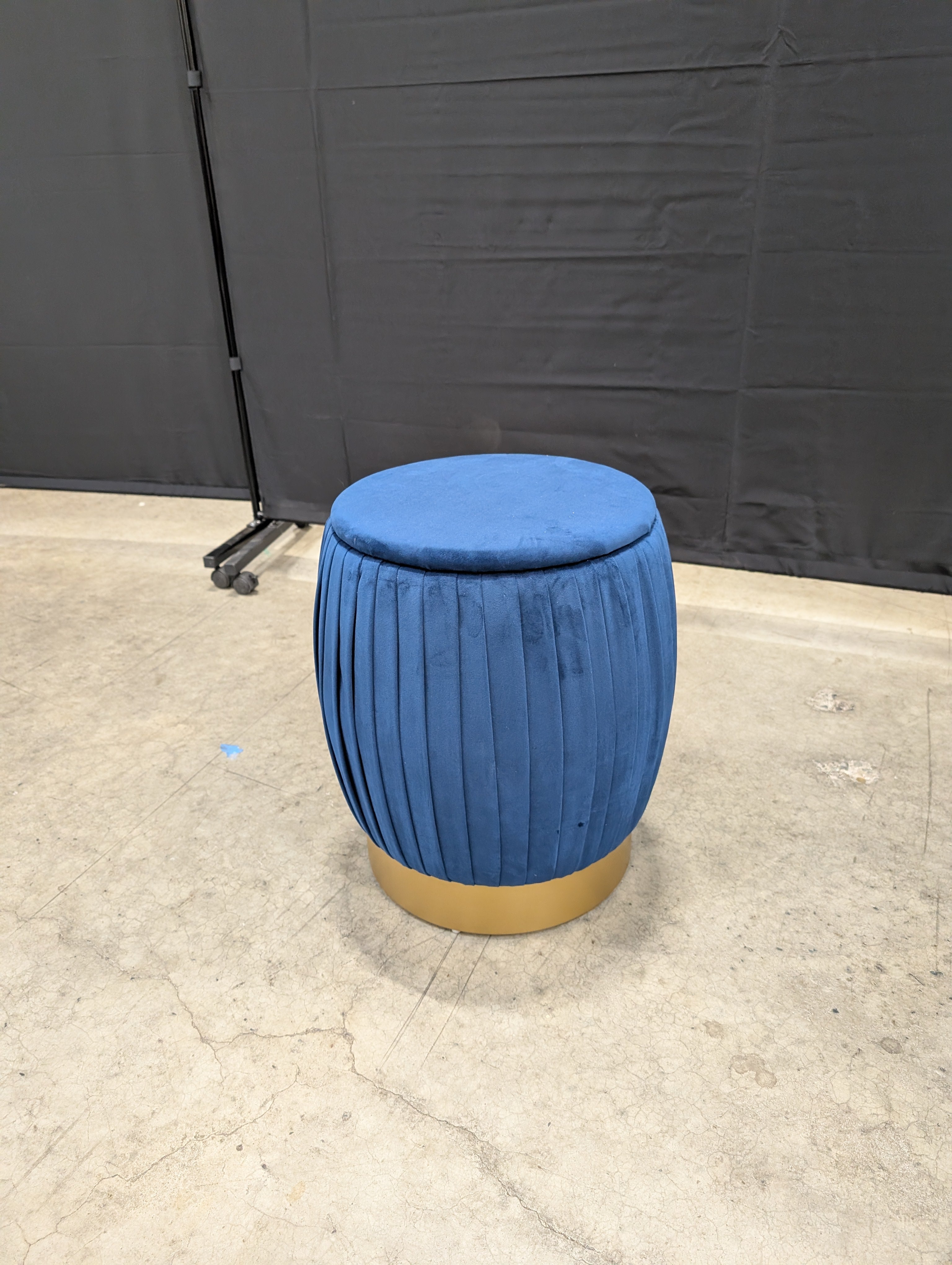 Plush Blue Velvet Pleated Storage Ottoman with Gold Base