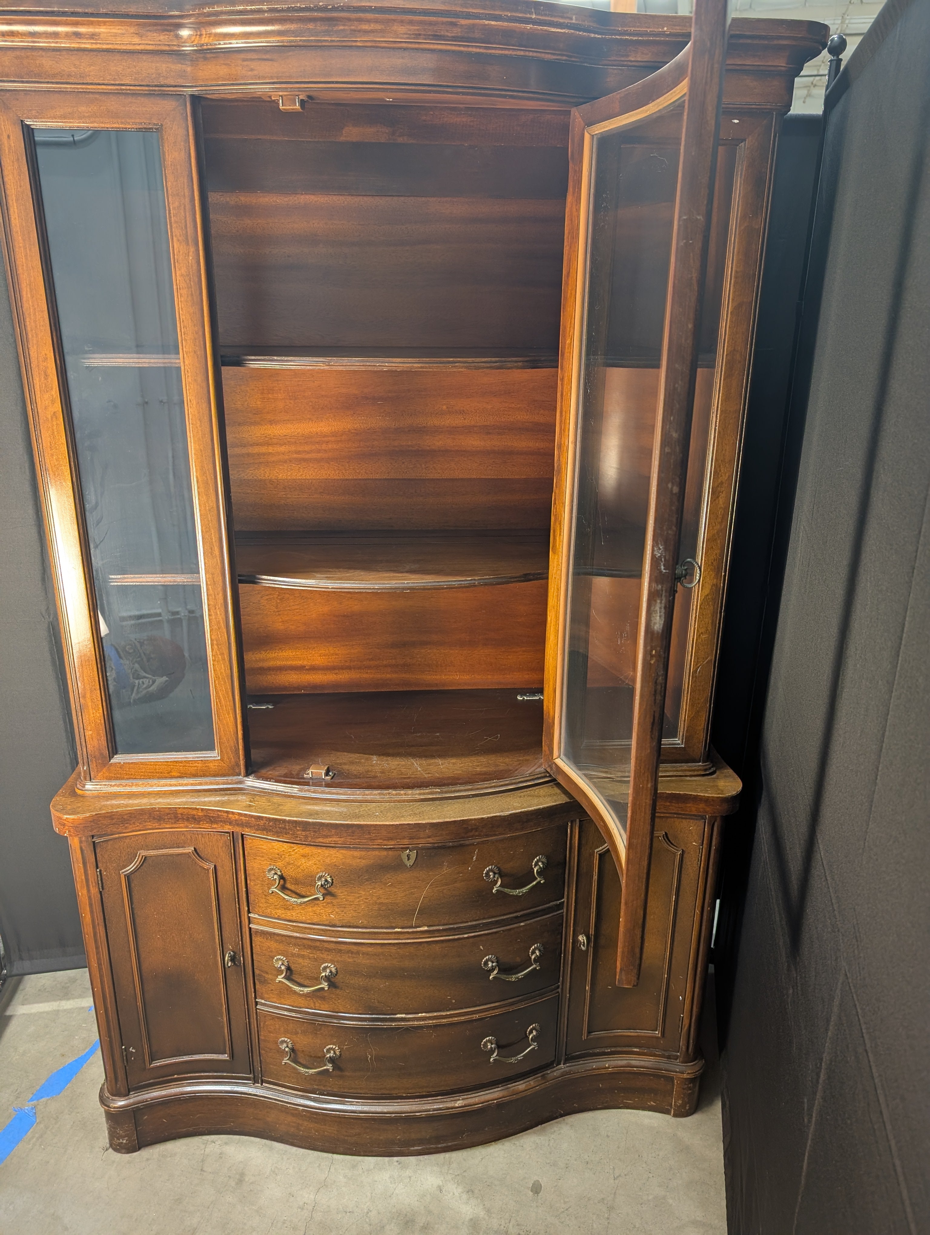 Curved Hardwood China Cabinet with Glass Doors