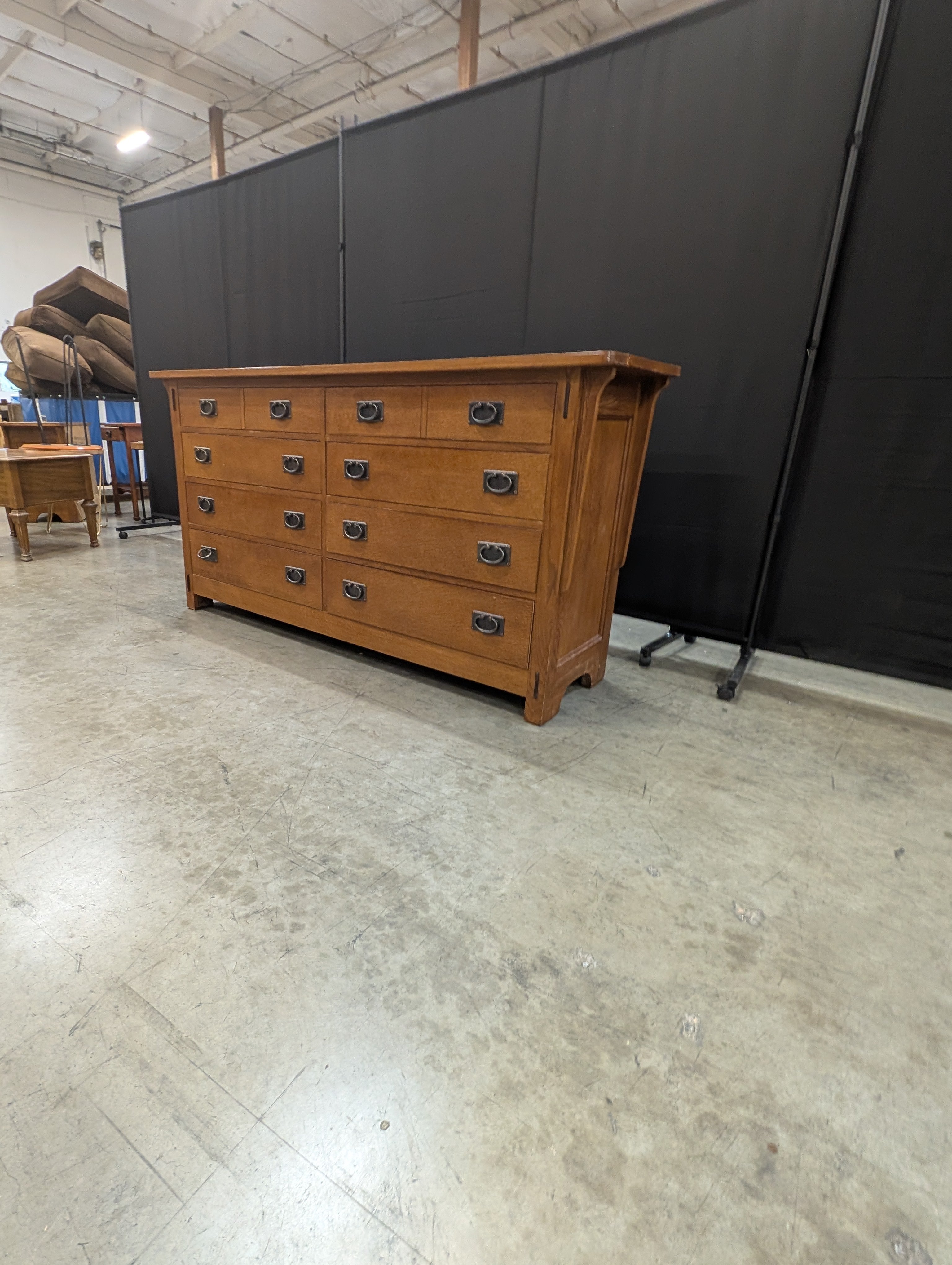 Mission Style Oak Finish Ten-Drawer Dresser with Ring Pulls
