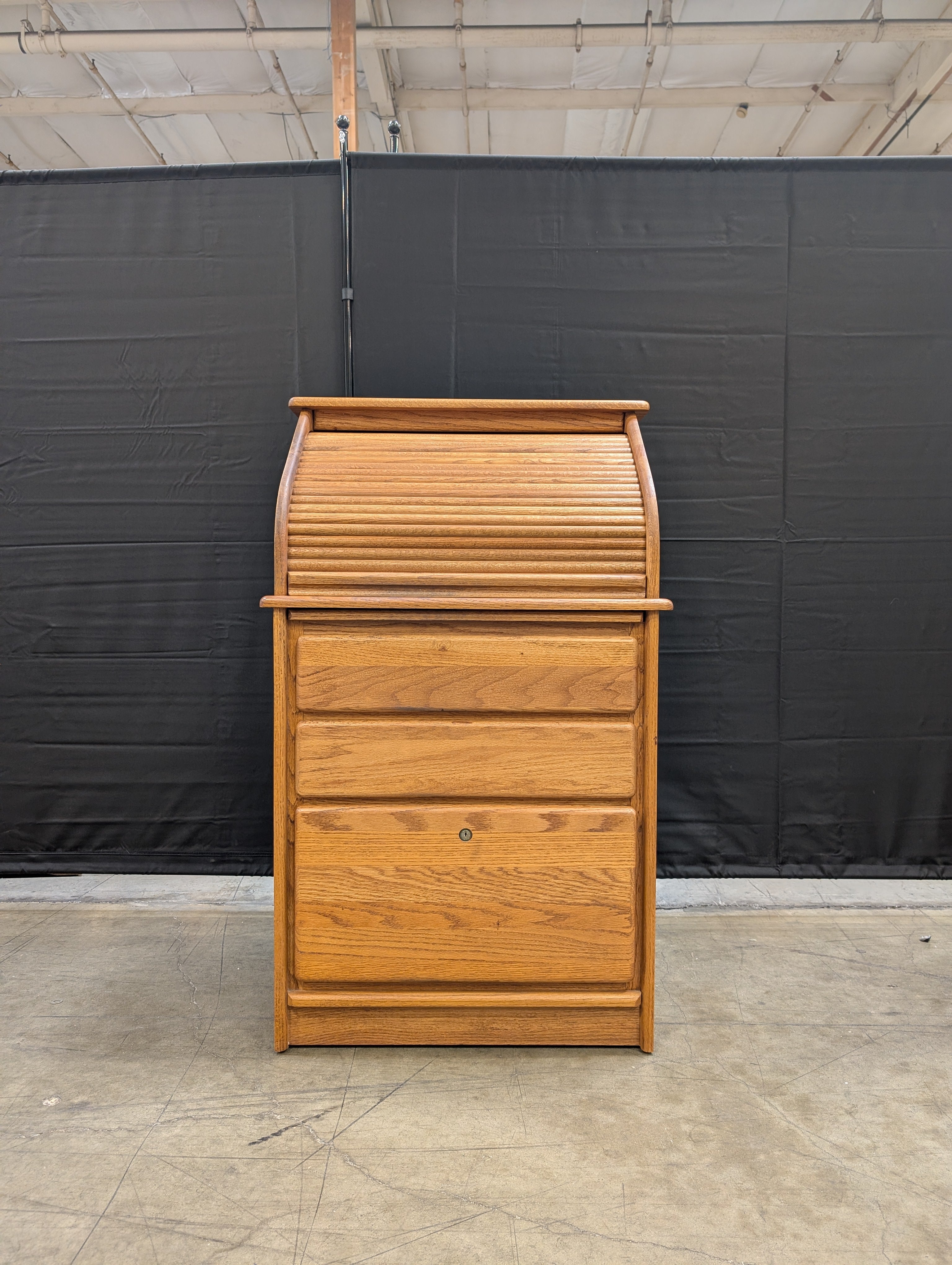 Solid Oak Roll Top Secretary Desk with Storage Drawers