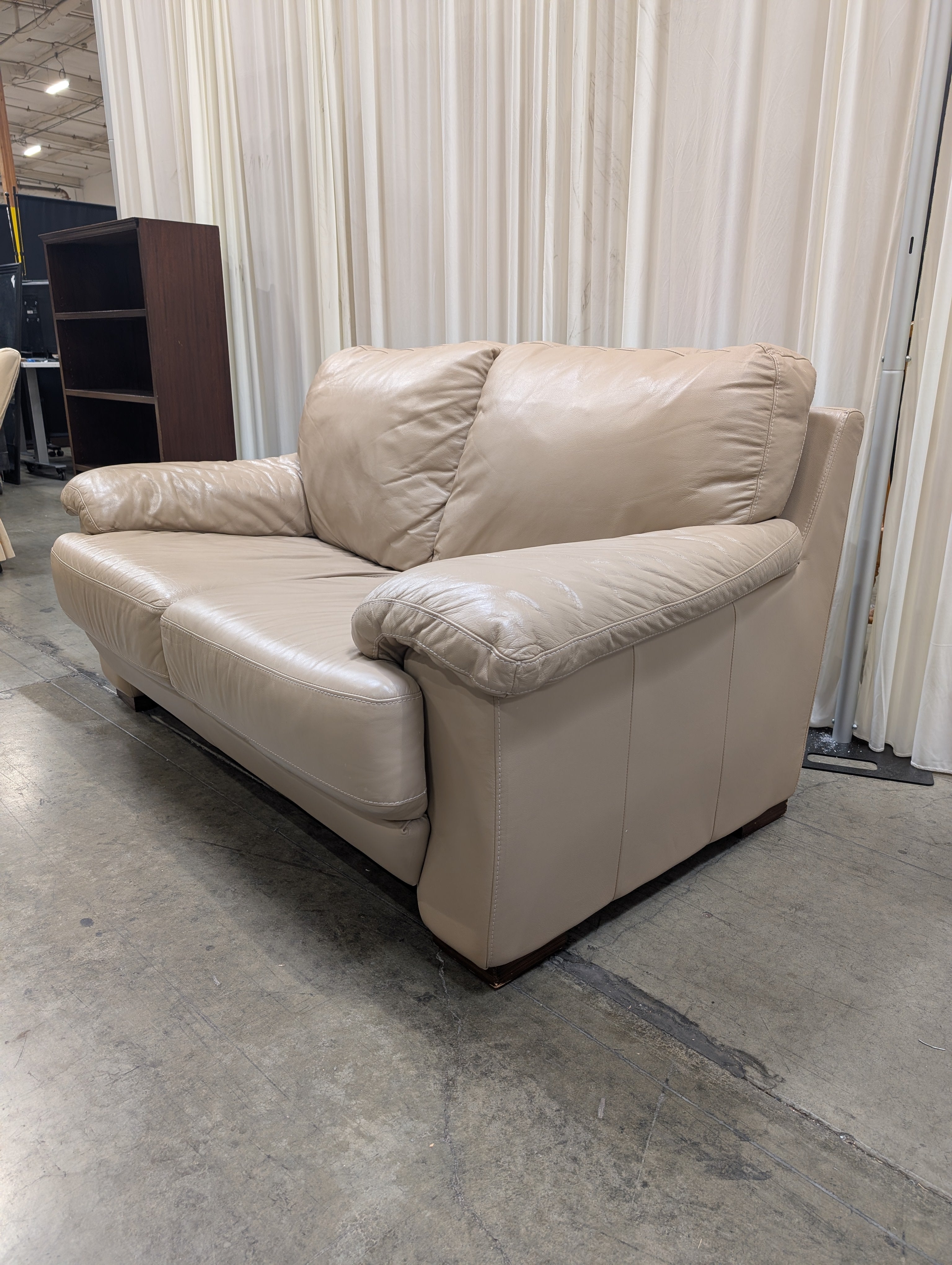 Taupe Overstuffed Loveseat in Leather