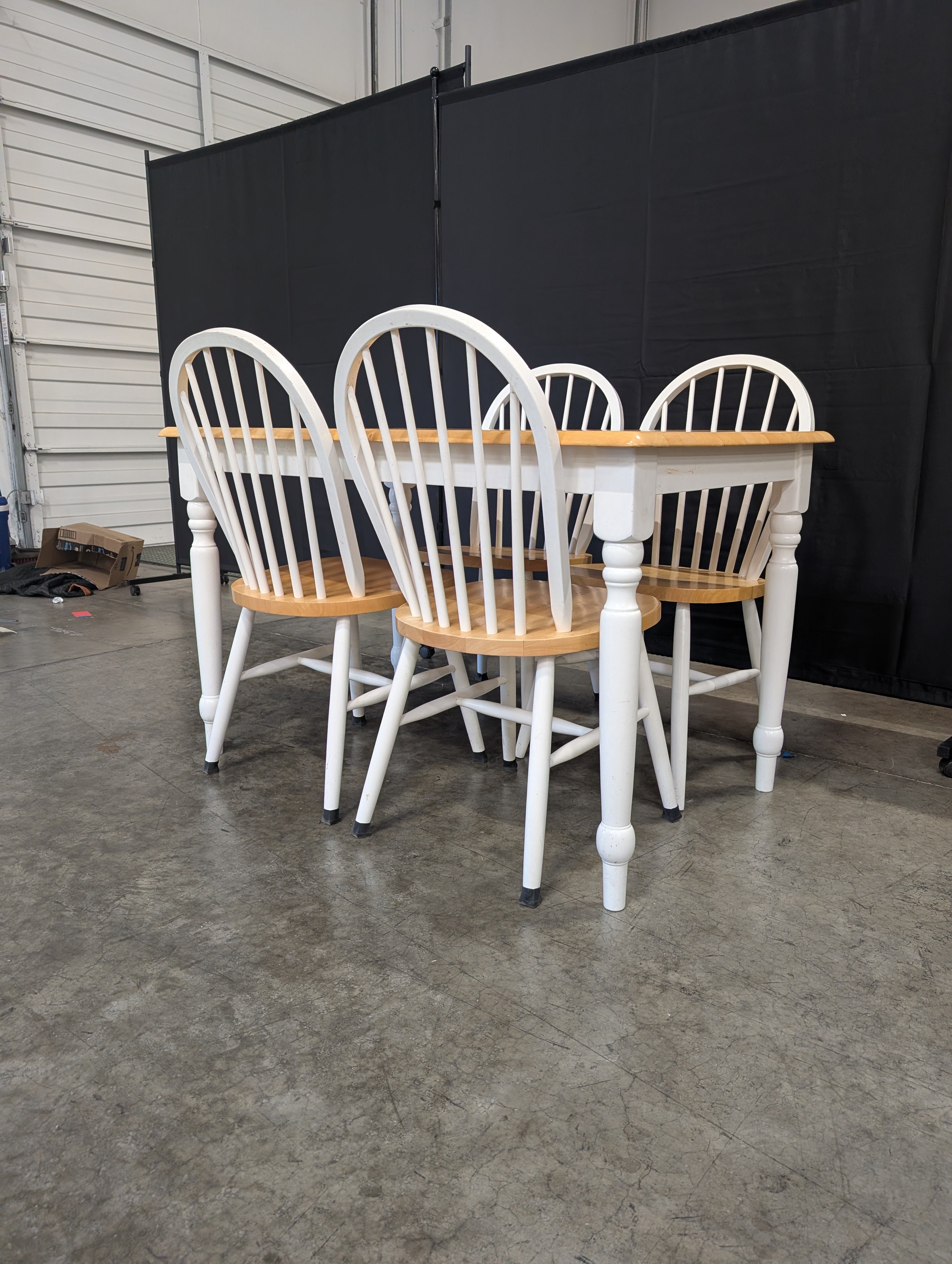 Set of Four Wooden Dining Chairs & Butcher Block Style Dining Table with White Legs