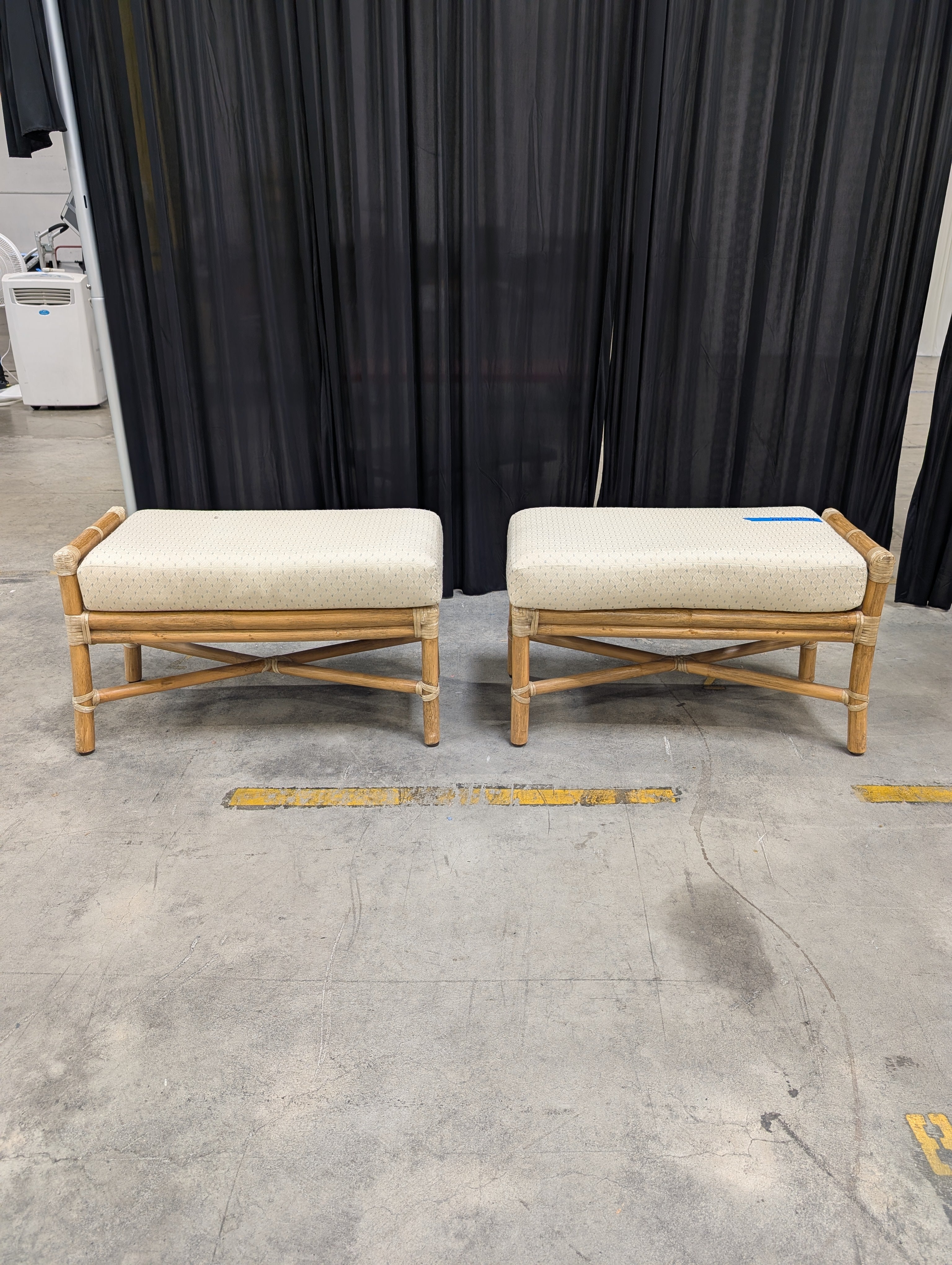 Pair of Cream Patterned Upholstered Bench with Bamboo Frame