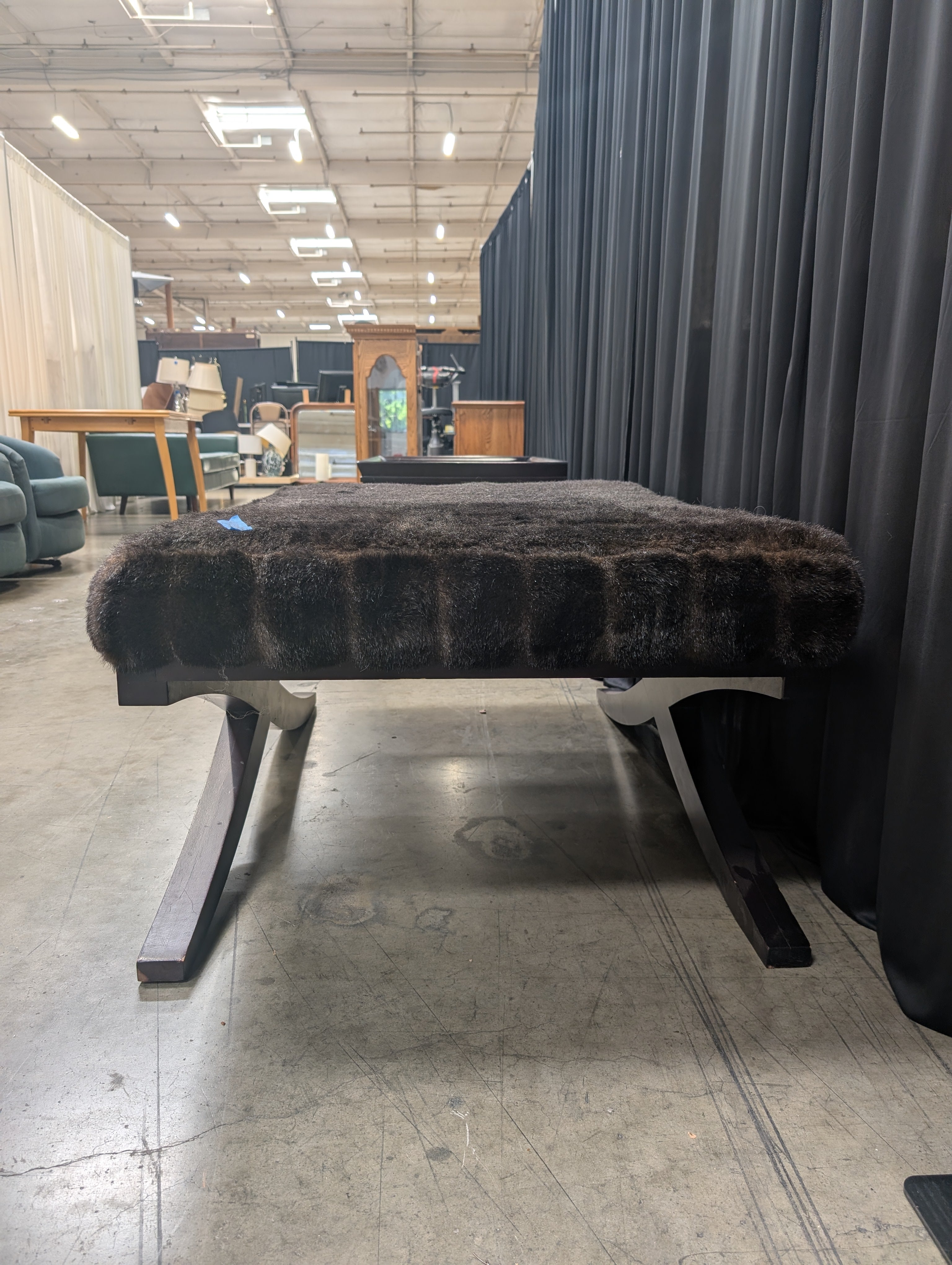 Ribbed Faux Fur X-Base Ottoman in Dark Wood