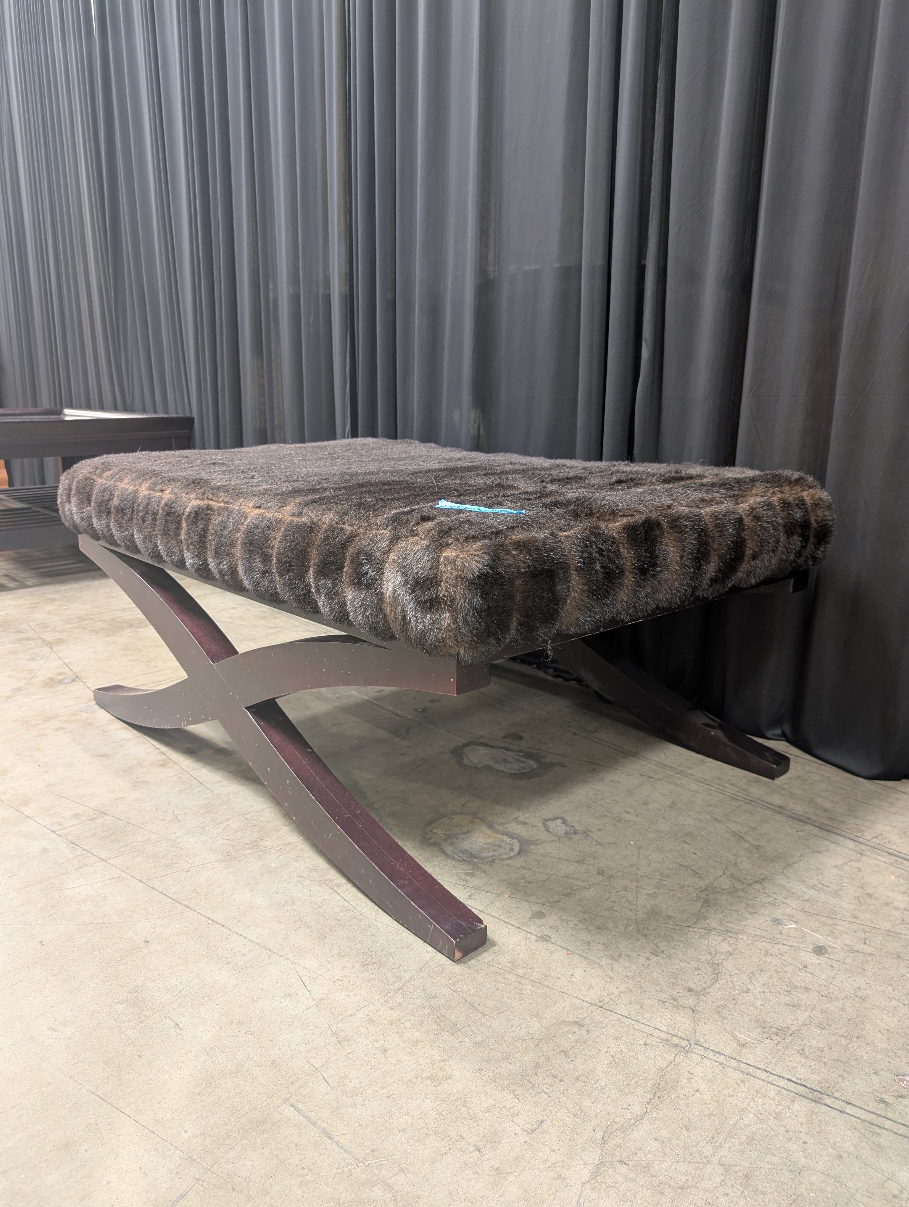 Ribbed Faux Fur X-Base Ottoman in Dark Wood