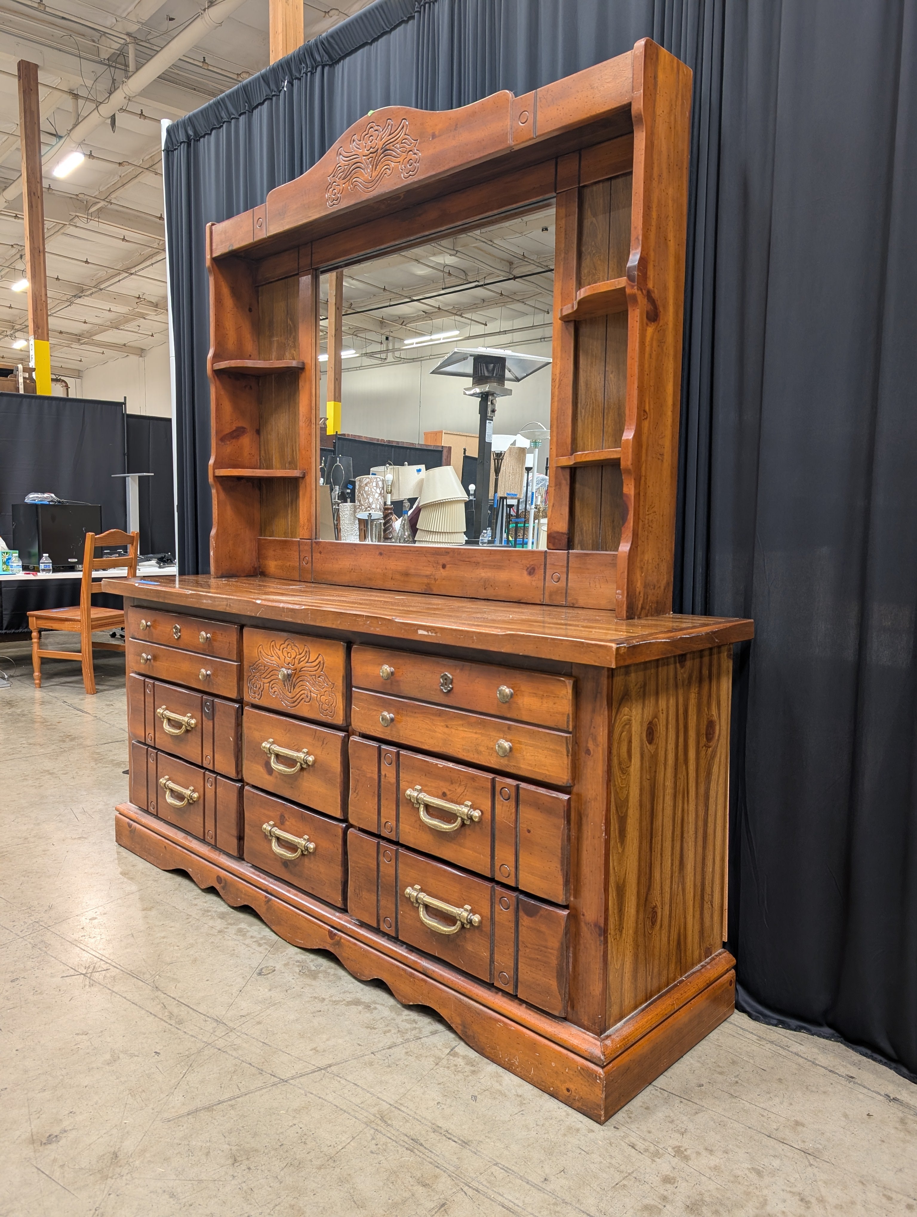 Traditional Carved Wood Dresser with Mirror
