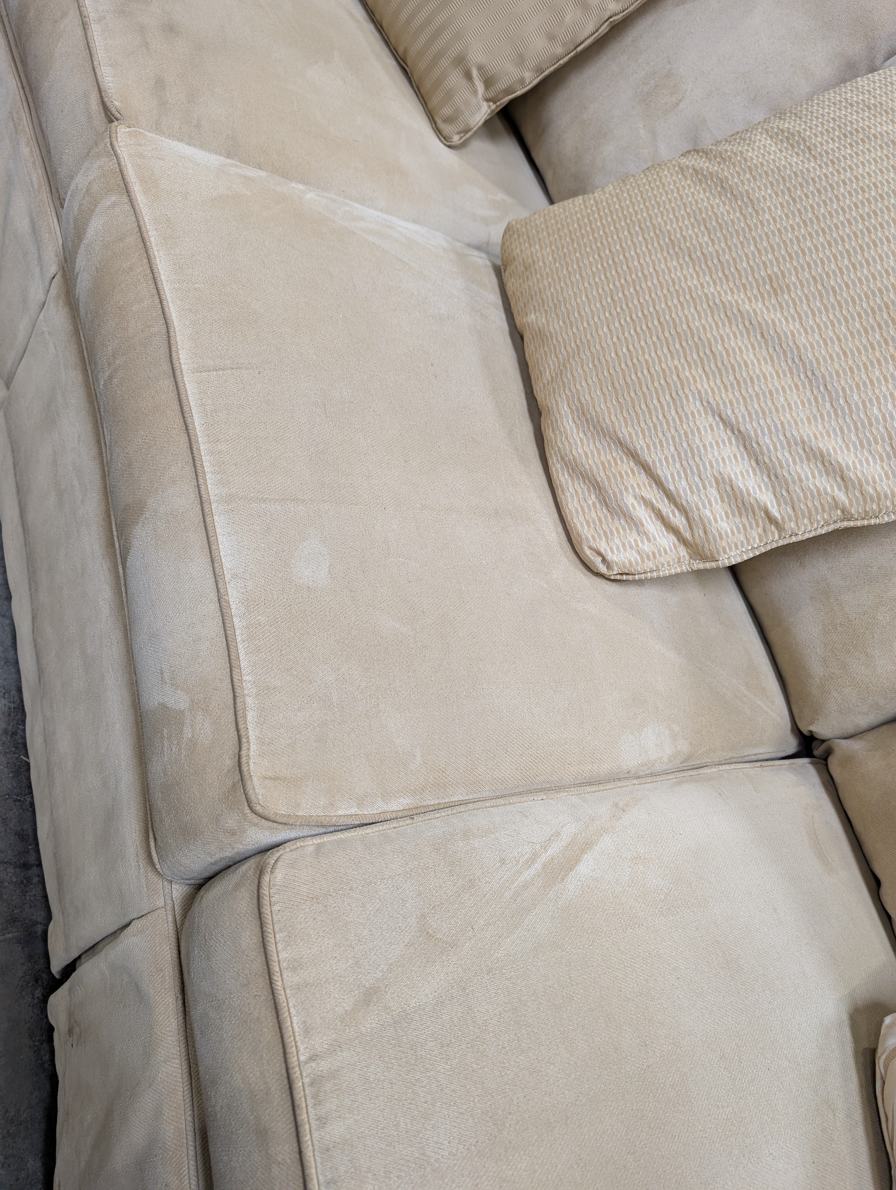 Clayton Marcus Beige Upholstered Three-Seat Sofa with Accent Pillows
