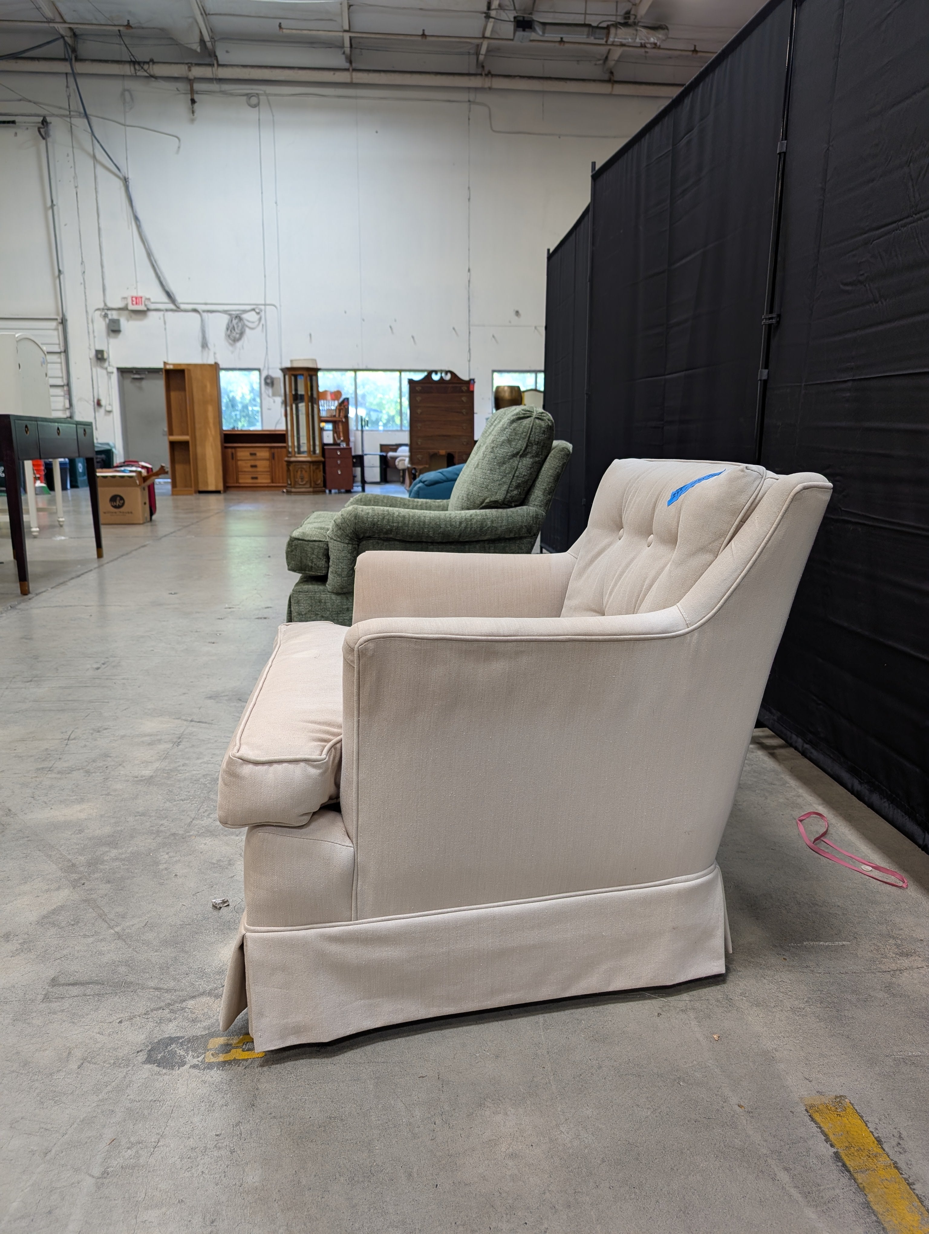 Tufted Beige Fabric Armchair with Rolled Arms