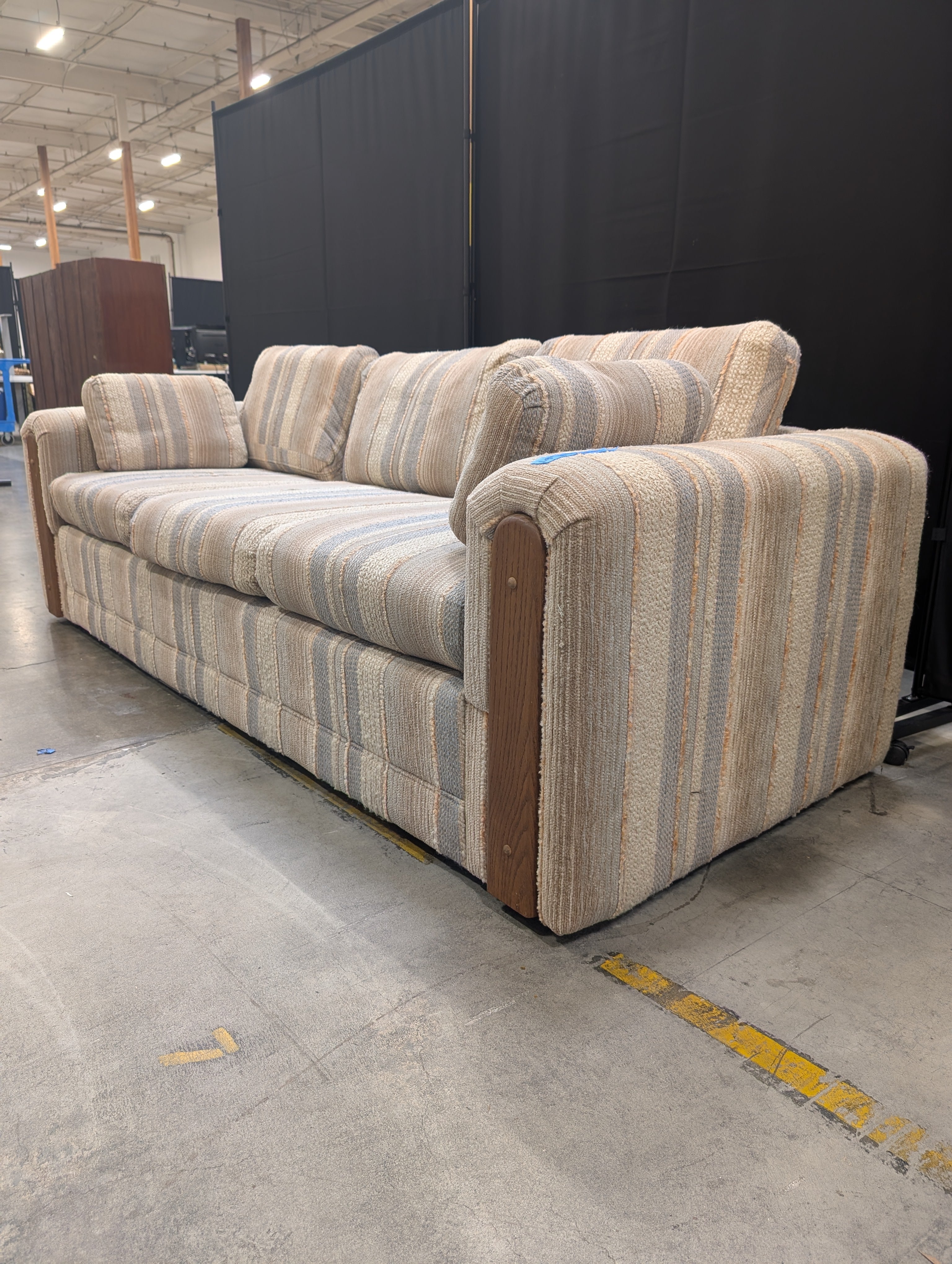 Striped Fabric Three-Seater Sofa with Wood Arm Accents