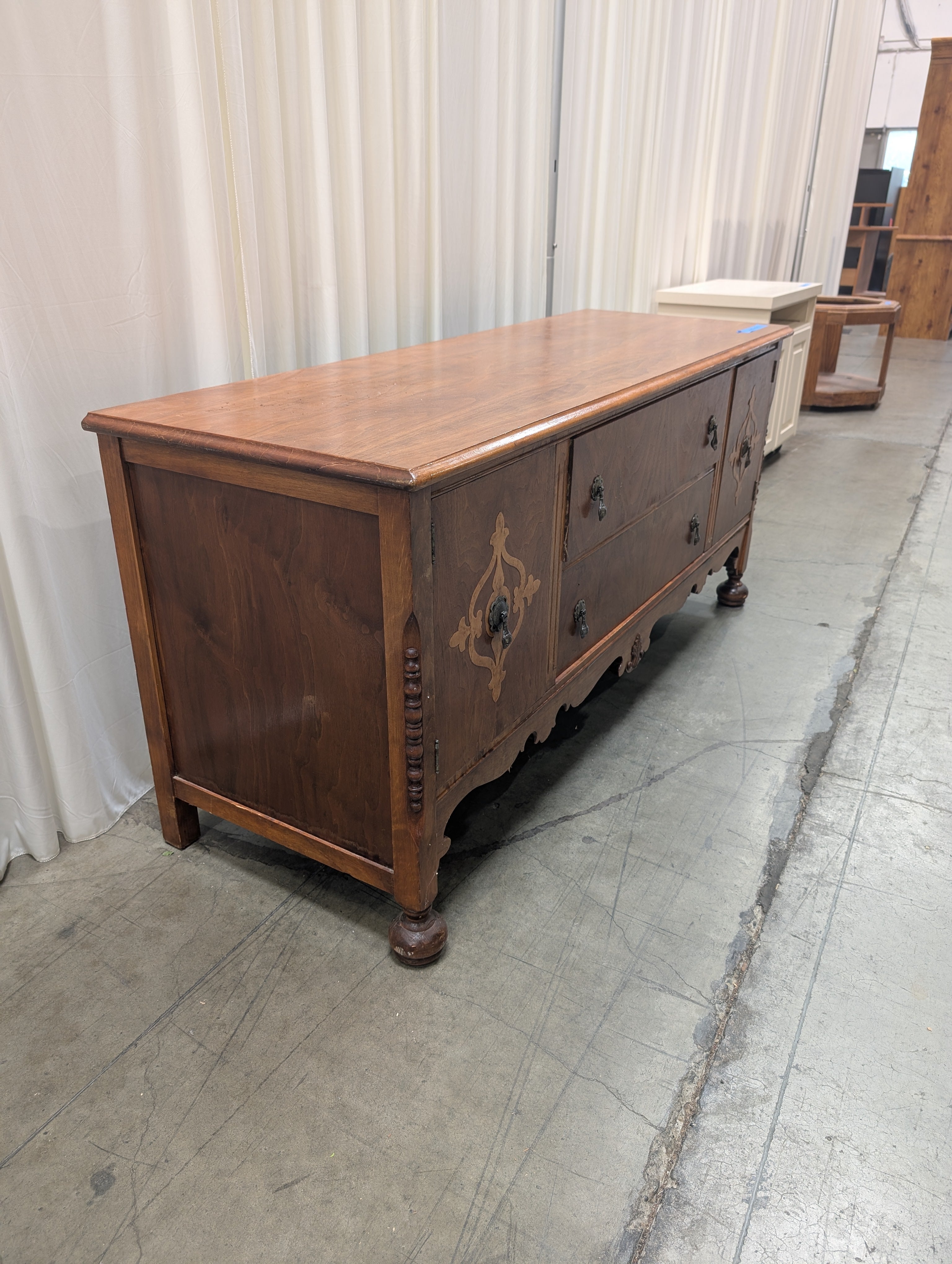 Vintage Ornate Burl Wood Buffet with Inlay