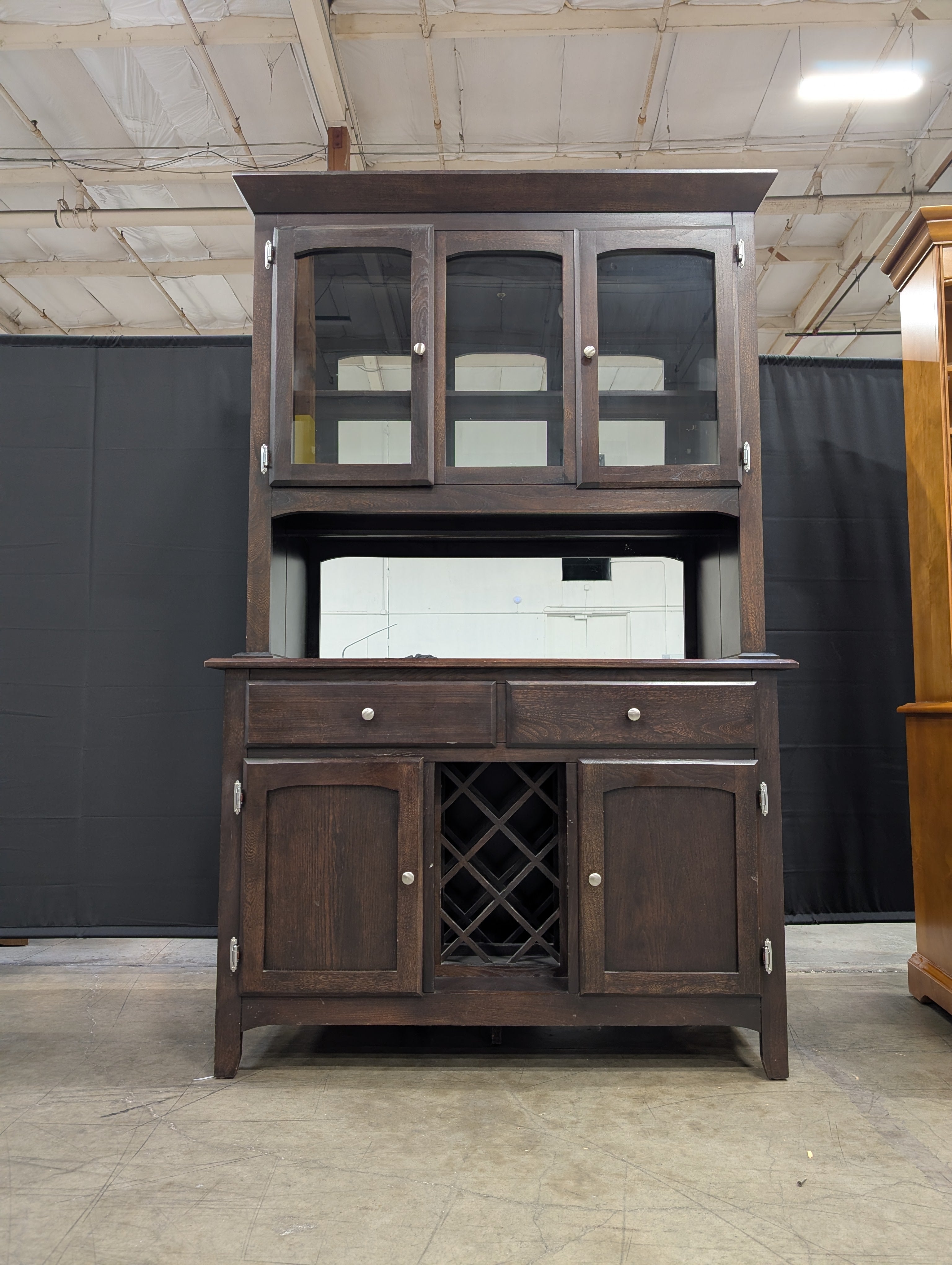 Two-Piece Dark Wood Display Hutch with Glass Doors