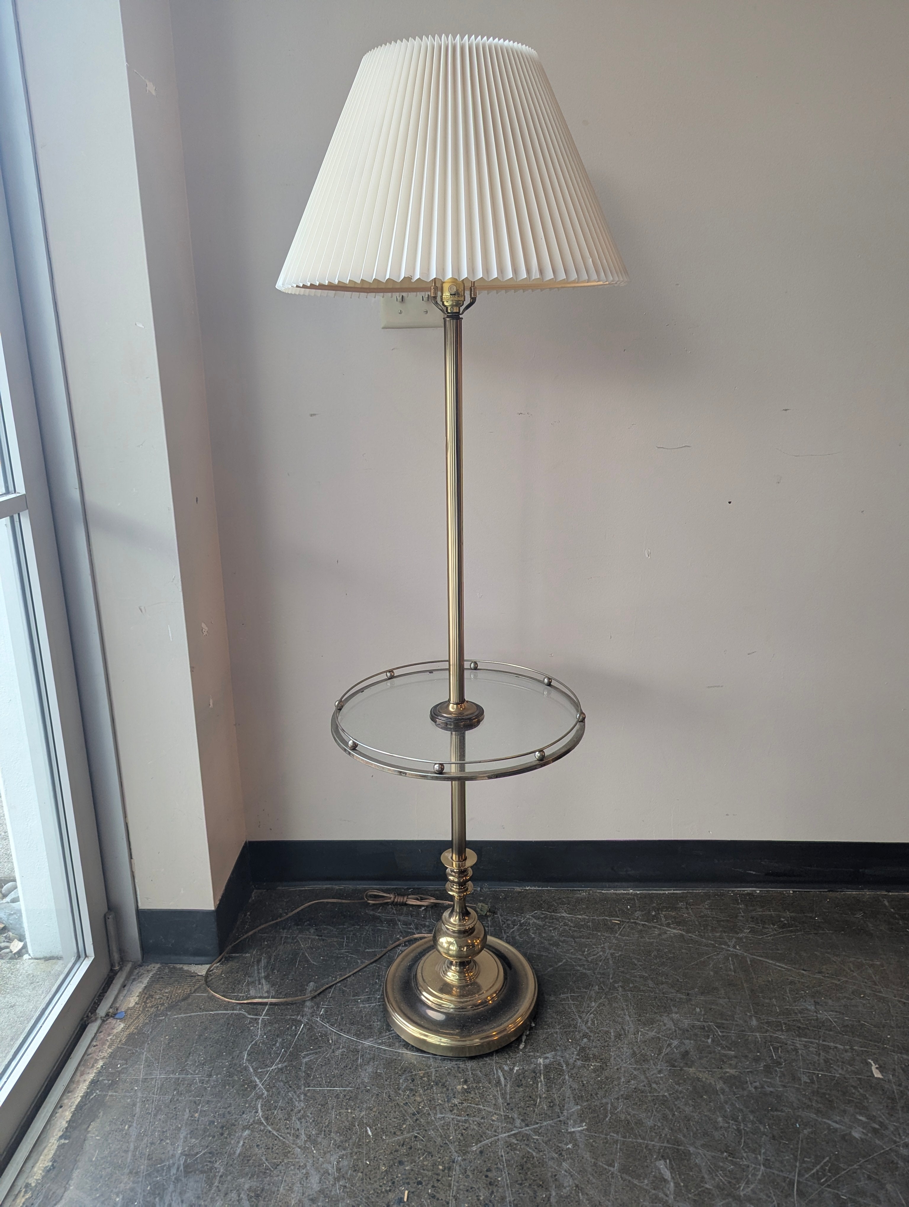 Vintage Gold-Tone Floor Lamp with Integrated Glass Table and Pleated Shade