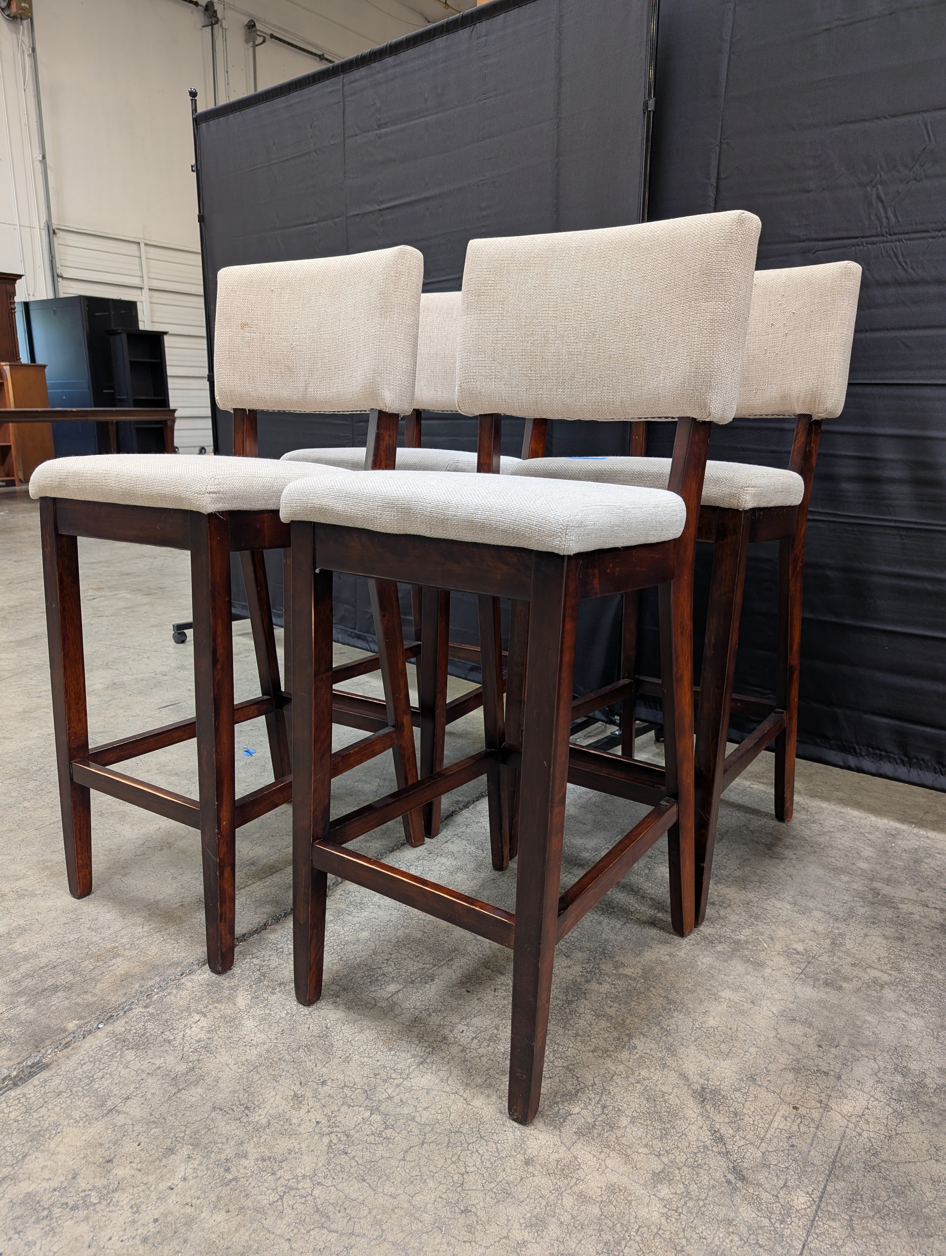 Set of Four Beige Fabric Upholstered Bar Height Dark Wood Dining Chairs