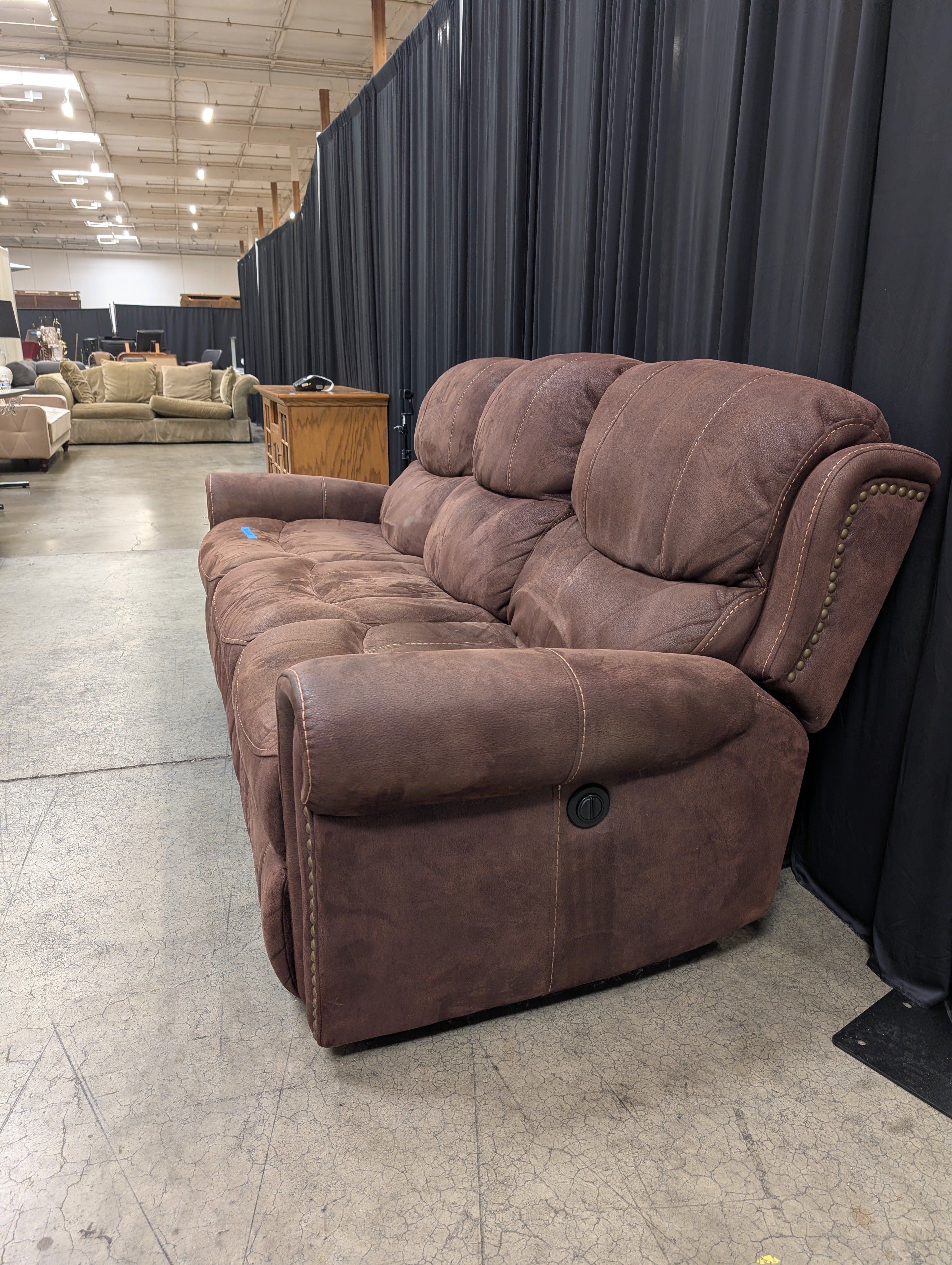 Brown Suede-Like Three-Seat Couch with Nailhead Trim