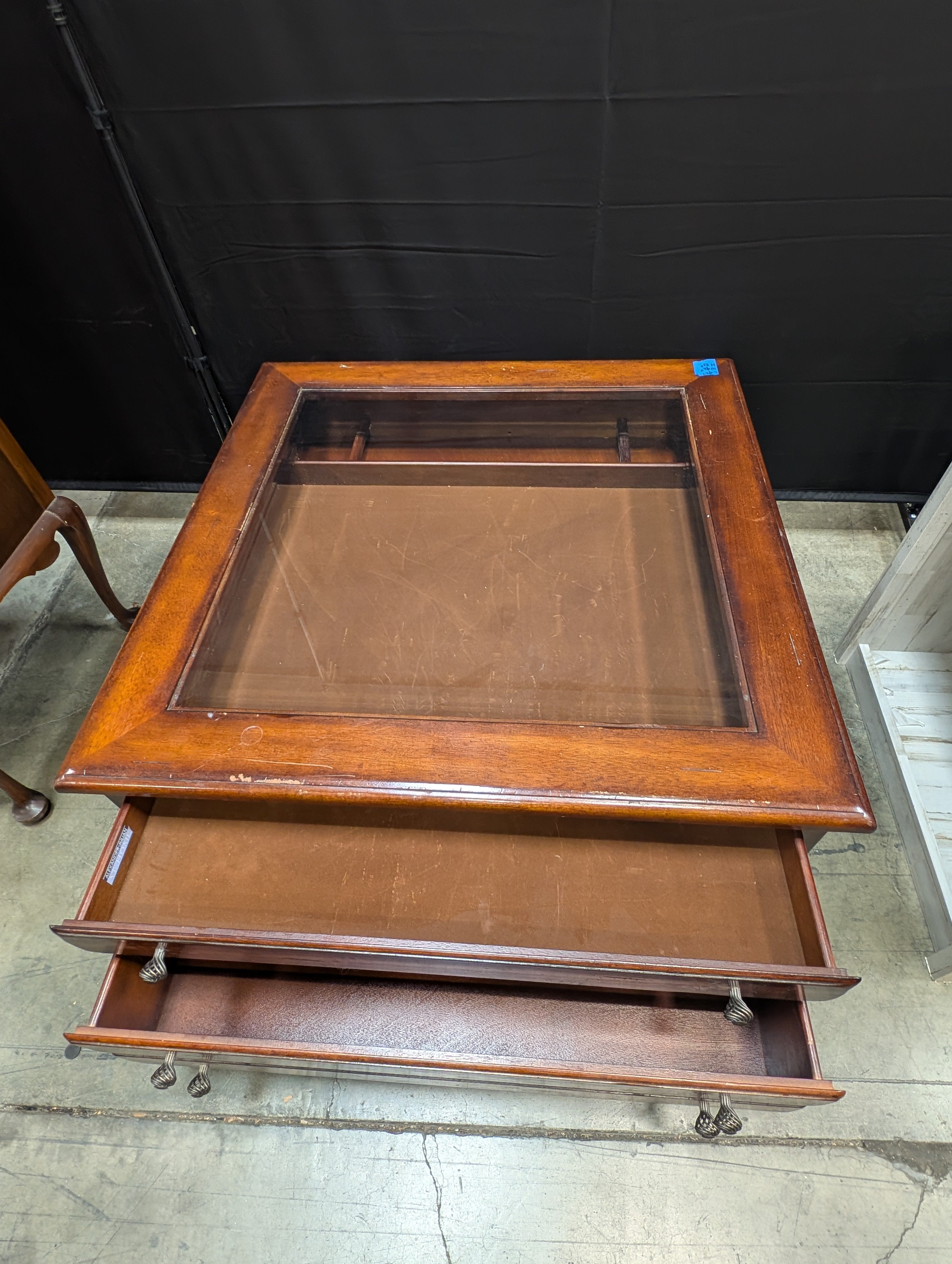 Solid Wood  Alexander Julian Glass Top Display Coffee Table with Storage Drawer