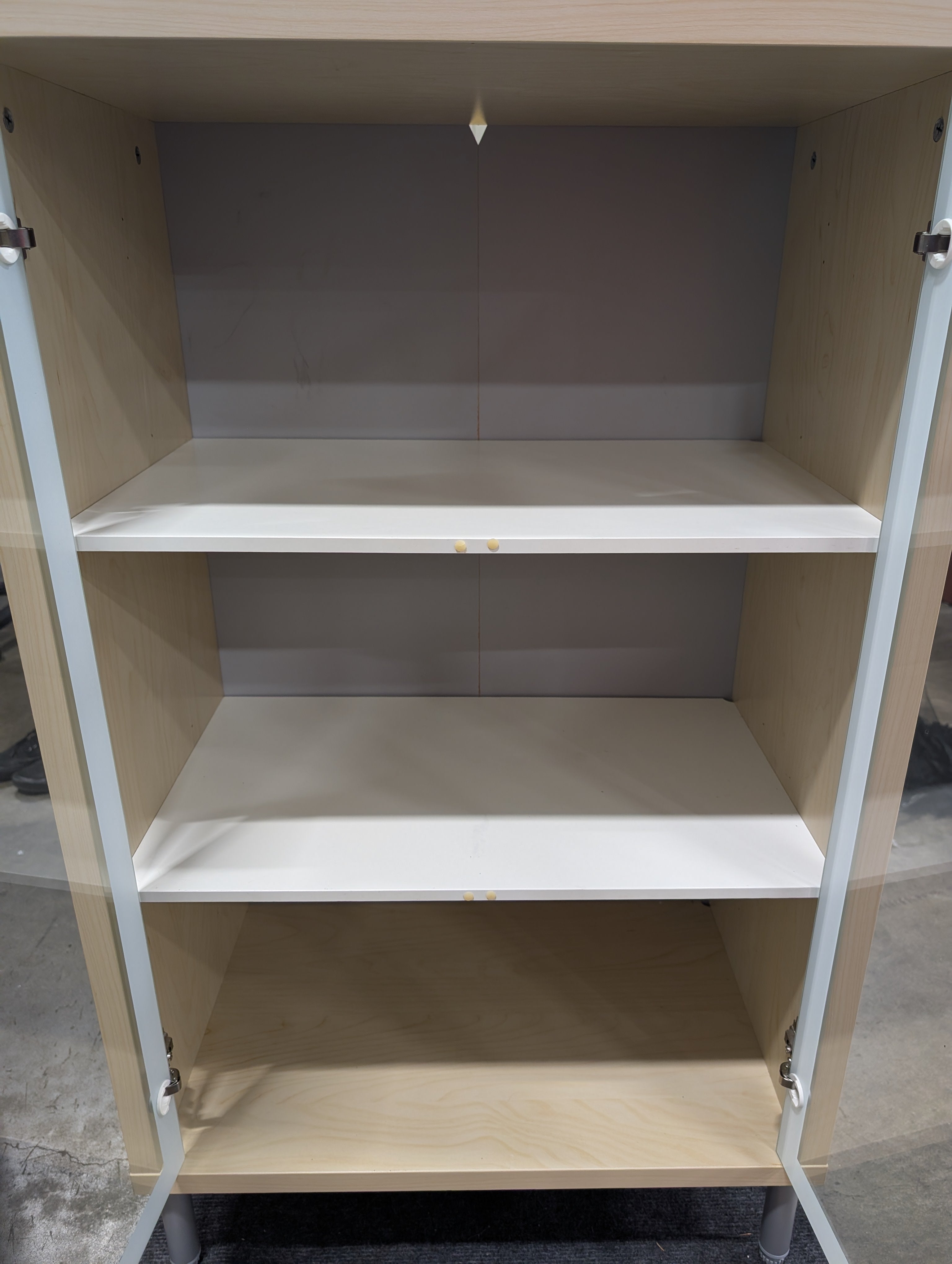 Light Wood Glass-Front Cabinet with Shelving